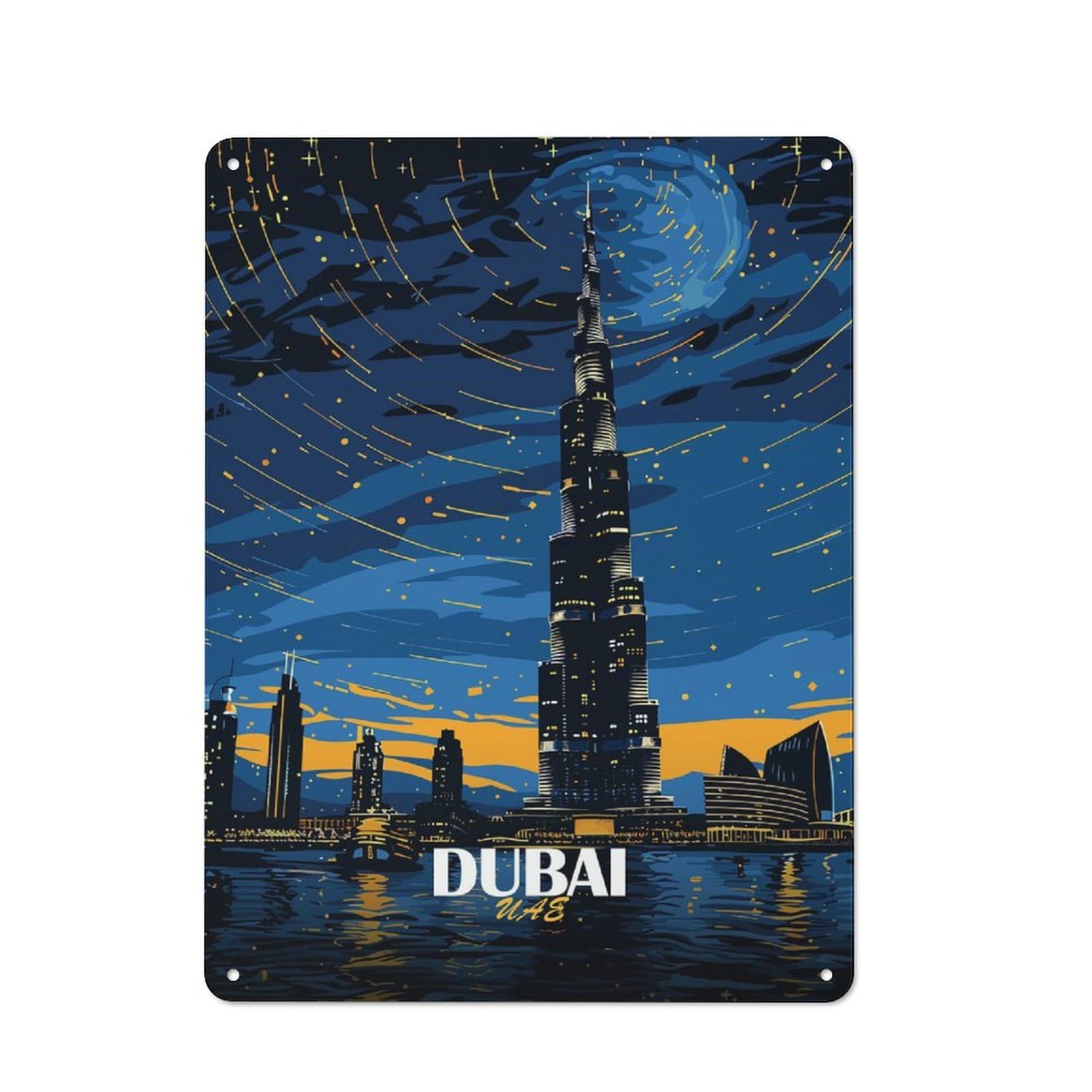 Junmoney Style-8 For Living Room Or Hallway, Dubai Skyline At Night Art Vintage Metal Plaque 40X30cm, For Vintage Wall Decor Fans, For Metal Sign Collectors