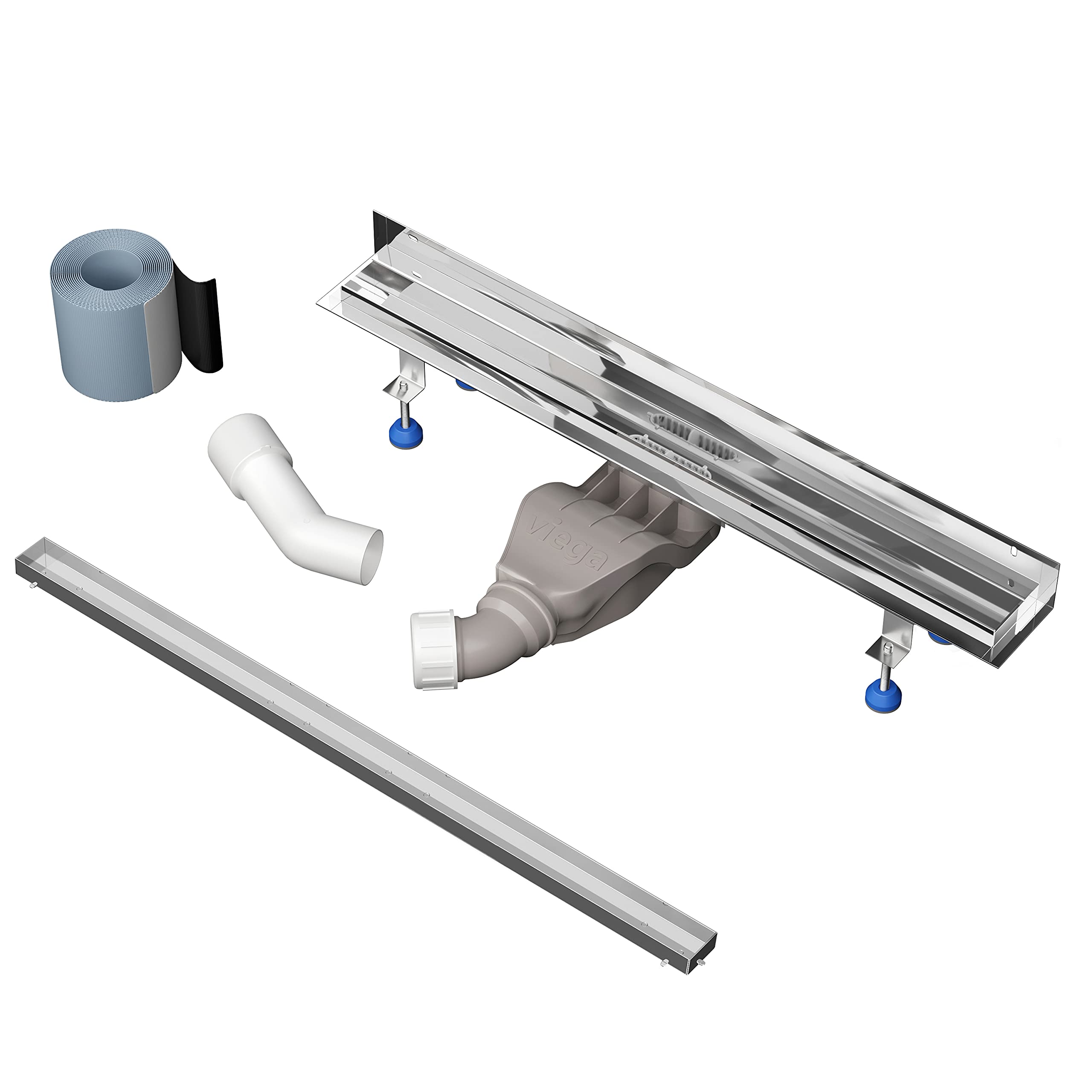 Aquabad® Caniveau de douche en acier inox - Slim Wall Premium | avec raccordement mural | L: 60 cm | Avec couvercle: cuvette à carreler, filtre-cheveux, y compris : Advantix Vario siphon