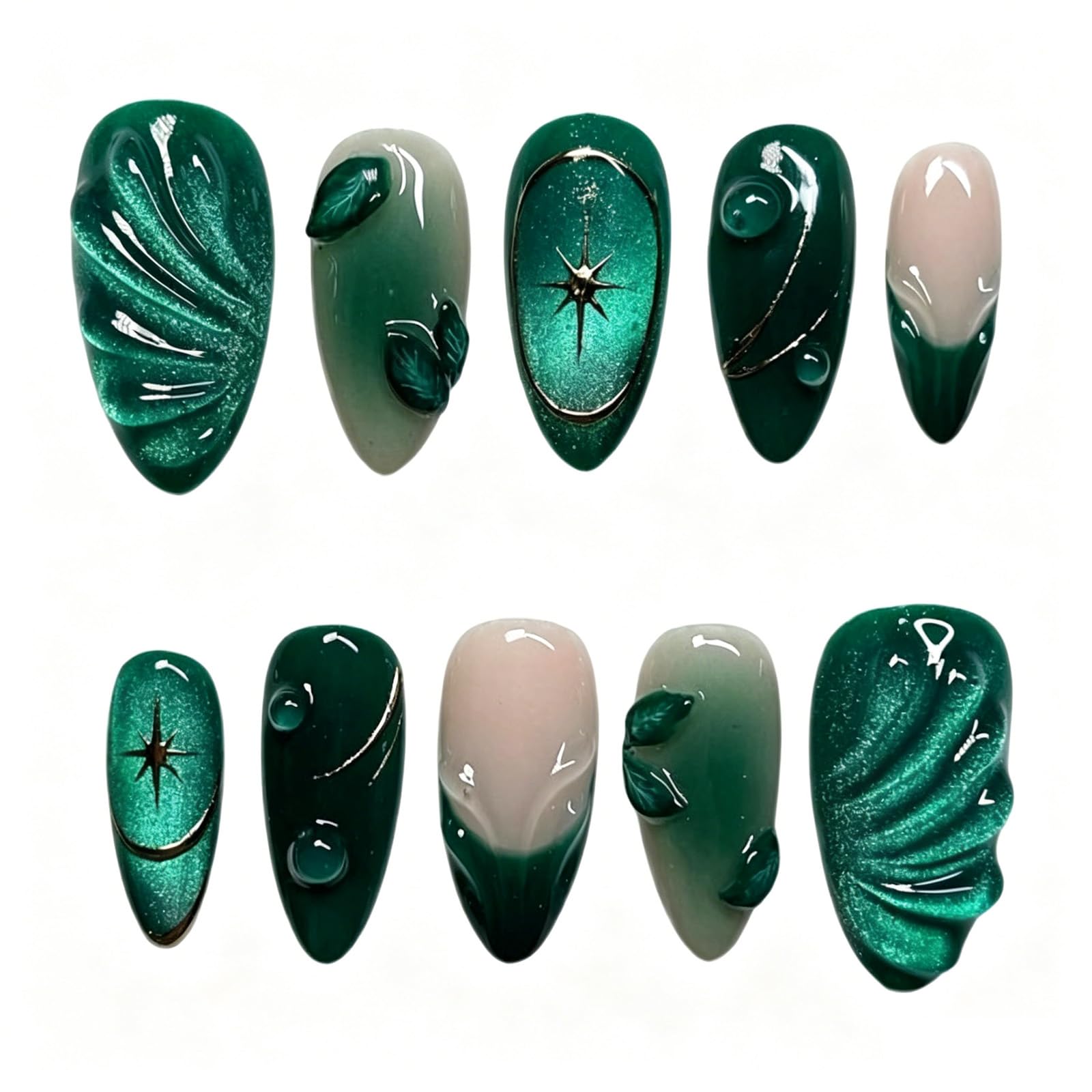 Press On Nails, 24 Pcs Green Ripple French Cat Eye Fake Nails, Professional Manicure for Home Salon, Office & Daily Use, Durable ABS Material-image-36