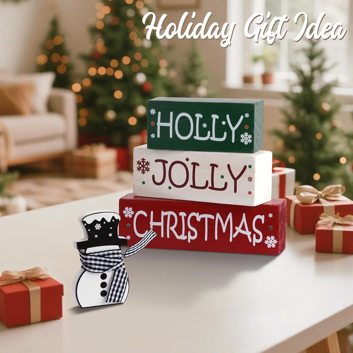 Christmas Table Decorations, Snowman Christmas Wooden Tiered Tray Decor, Farmhouse Holiday Tabletop Decor for Kitchen, Shelf, Mantel, Fireplace, Office, Gift Exchange - Image 4