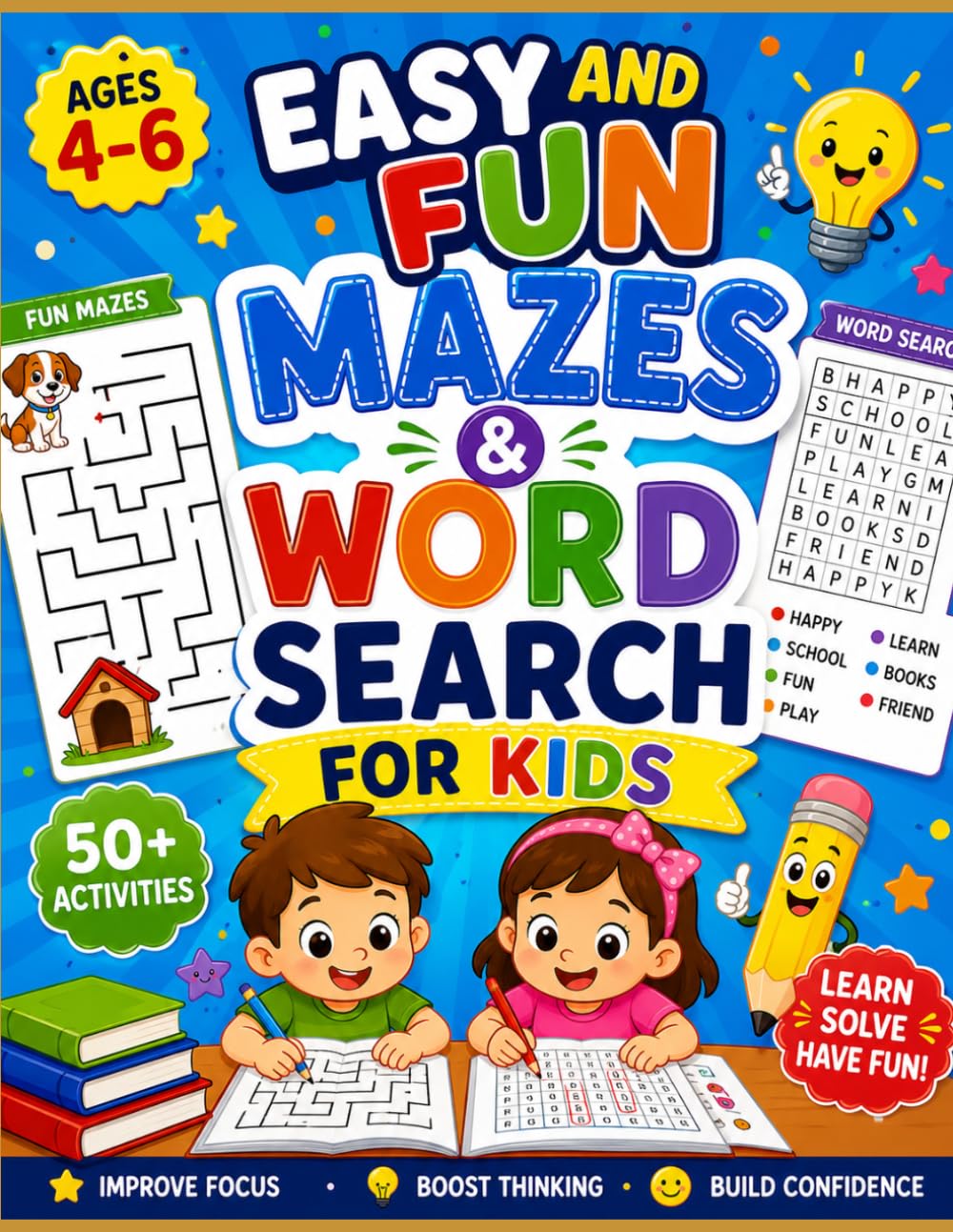Easy and Fun Mazes & Word Search for Kids: Maze Activity Book for Ages 4-6 | Easy Mazes, Word Search Puzzles & Fun Learning Activities for Boys and Girls