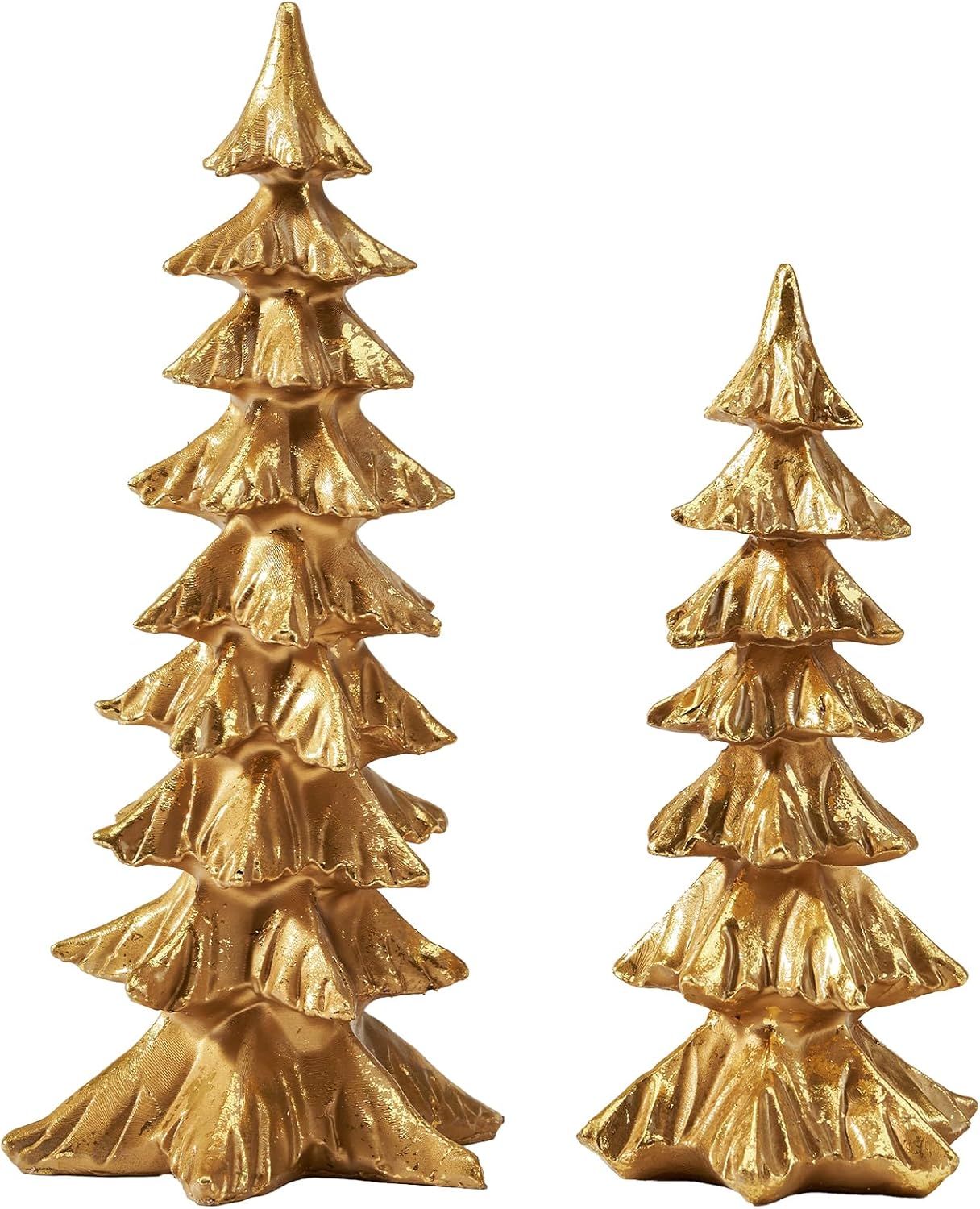 DN DECONATION Gold Christmas Tree Figurines, Set of 2 Modern Tabletop Xmas Trees, Elegant Resin Pine Decor for Mantel, Desk, Holiday Centerpieces, Gifts Gold Set of 2
