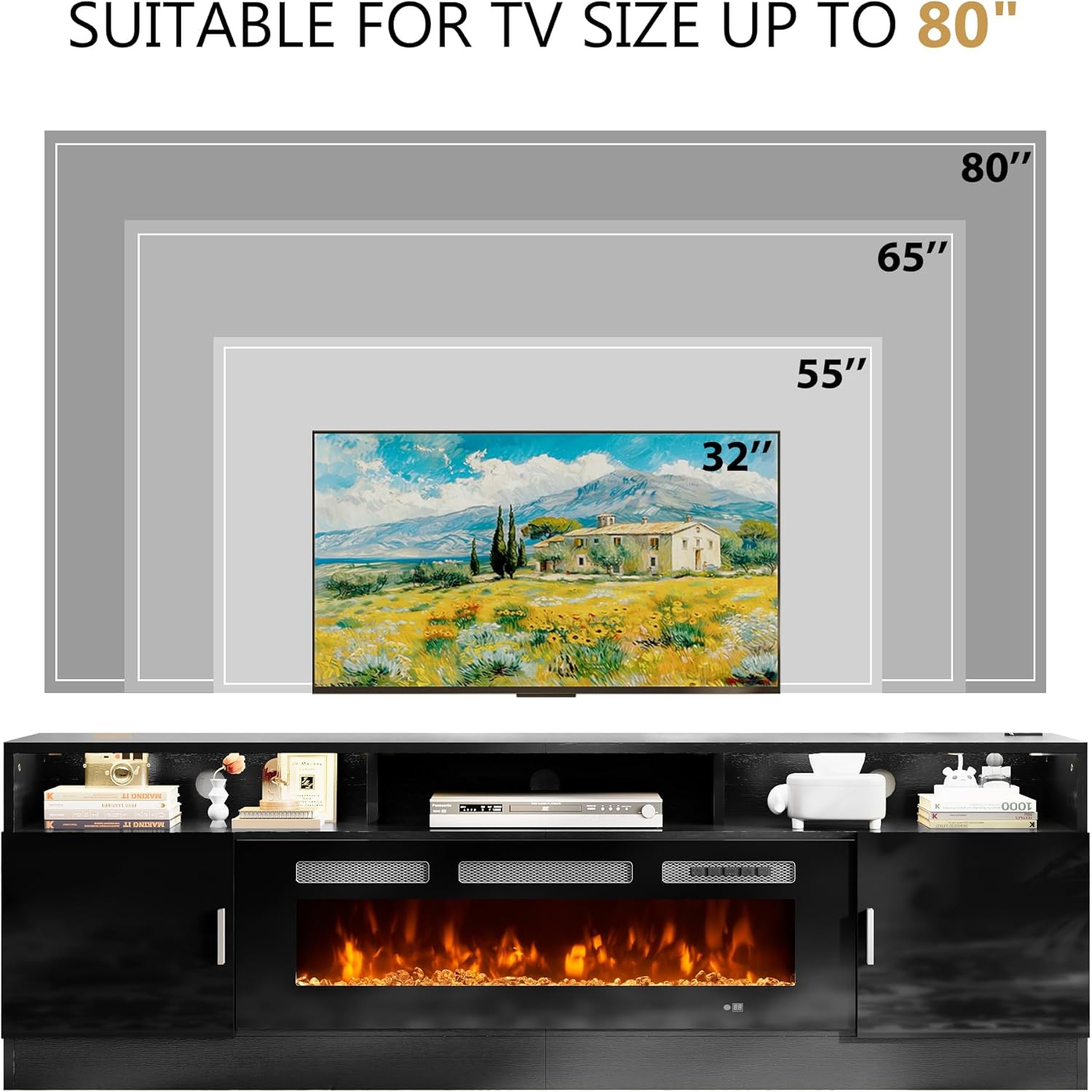 70" Fireplace TV Stand with Power Outlet, Entertainment Center with 36" Fireplace for TVs Up to 80", Modern TV Console for Living Room with High Gloss Storage Cabinet & LED Lights, Black-Black
