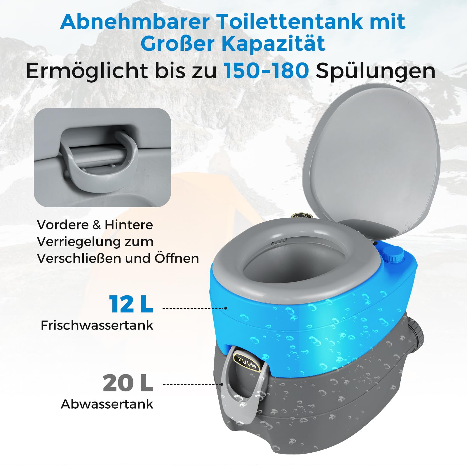 GOPLUS Tragbare Campingtoilette, Reisetoilette mit 20L Abwassertank & Spülpumpe, Tragkraft 150 kg, Mobile Toilette mit Griffen, Campingklo für Camping, Angeln & Reise, 45 x 40 x 42 cm
