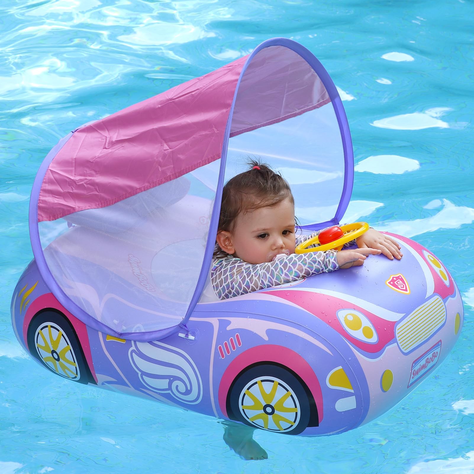 Swimbobo Toddler Pool Float Inflatable Car Baby Swim Float with Adjustable Sun Canopy and Safety Seat Pool Toys for Kids 3 Years Old +
