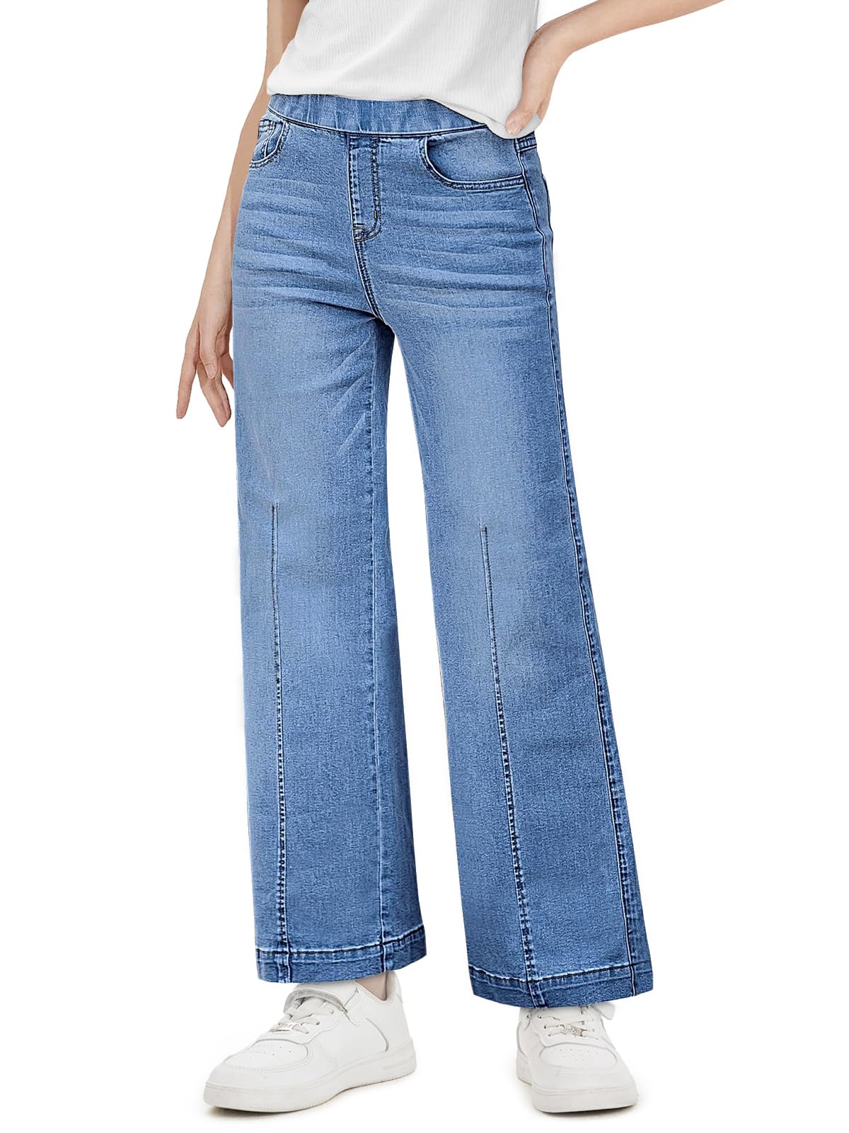 Haloumoning Jeans a gamba larga per bambine, con elastico in vita, 5-14 anni | Jeans elasticizzati e larghi con tasche