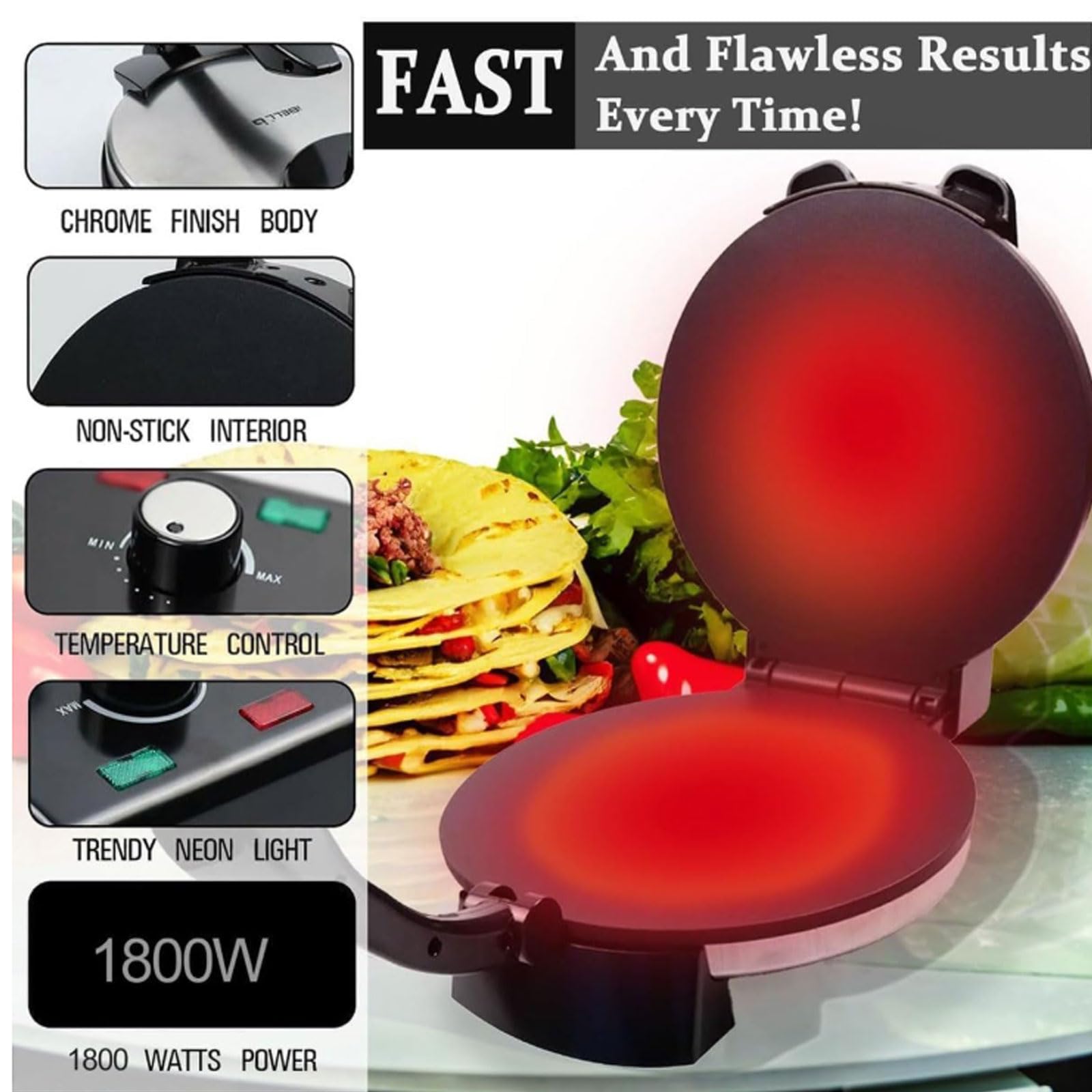 Macchina Per Roti Antiaderente Da 10 Pollici, Macchina Elettrica Per Roti Con Temperatura Regolabile E Doppio Lato, Per La Facile Preparazione Di Chapati E Tortilla