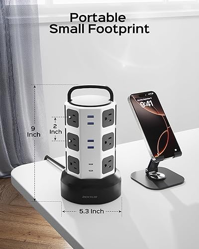 Miniatura 8 de JACKYLED - Protector de sobretensiones de torre de alimentación de 1625 W 13 A torre eléctrica de sobretensión 12 tomas 6 puertos USB estación de