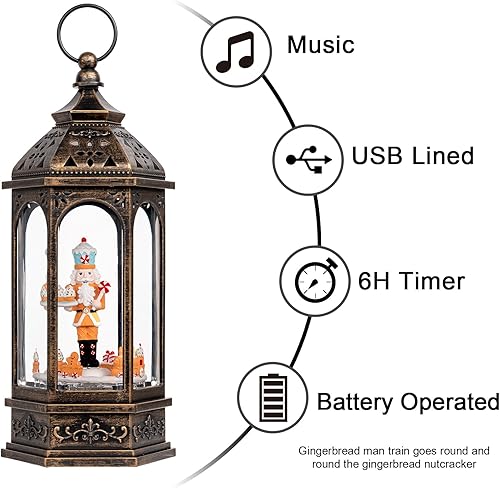 Miniatura 3 de Linterna de globo de nieve de Navidad de 12.3 pulgadas, tren de hombre de jengibre que gira alrededor del cascanueces de pan de jengibre con música,