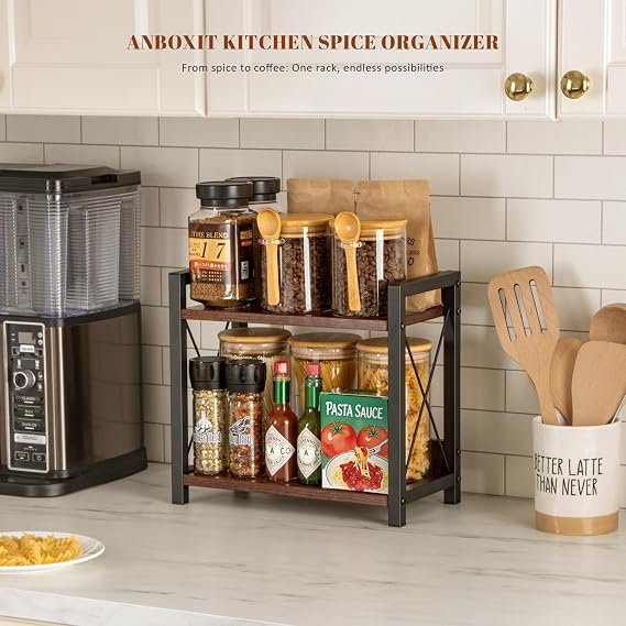 ANBOXIT Coffee Station Organizer, Wooden Kitchen Countertop Organizer, 2 Tier Small Spice Rack, Hot Chocolate Station Stand, Coffee Storage Shelf for Kitchen, Office, Home - Brown | Spice Rack