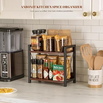 ANBOXIT Coffee Station Organizer, Wooden Kitchen Countertop Organizer, 2 Tier Small Spice Rack, Hot Chocolate Station Stand, Coffee Storage Shelf for Kitchen, Office, Home - Brown | Spice Rack