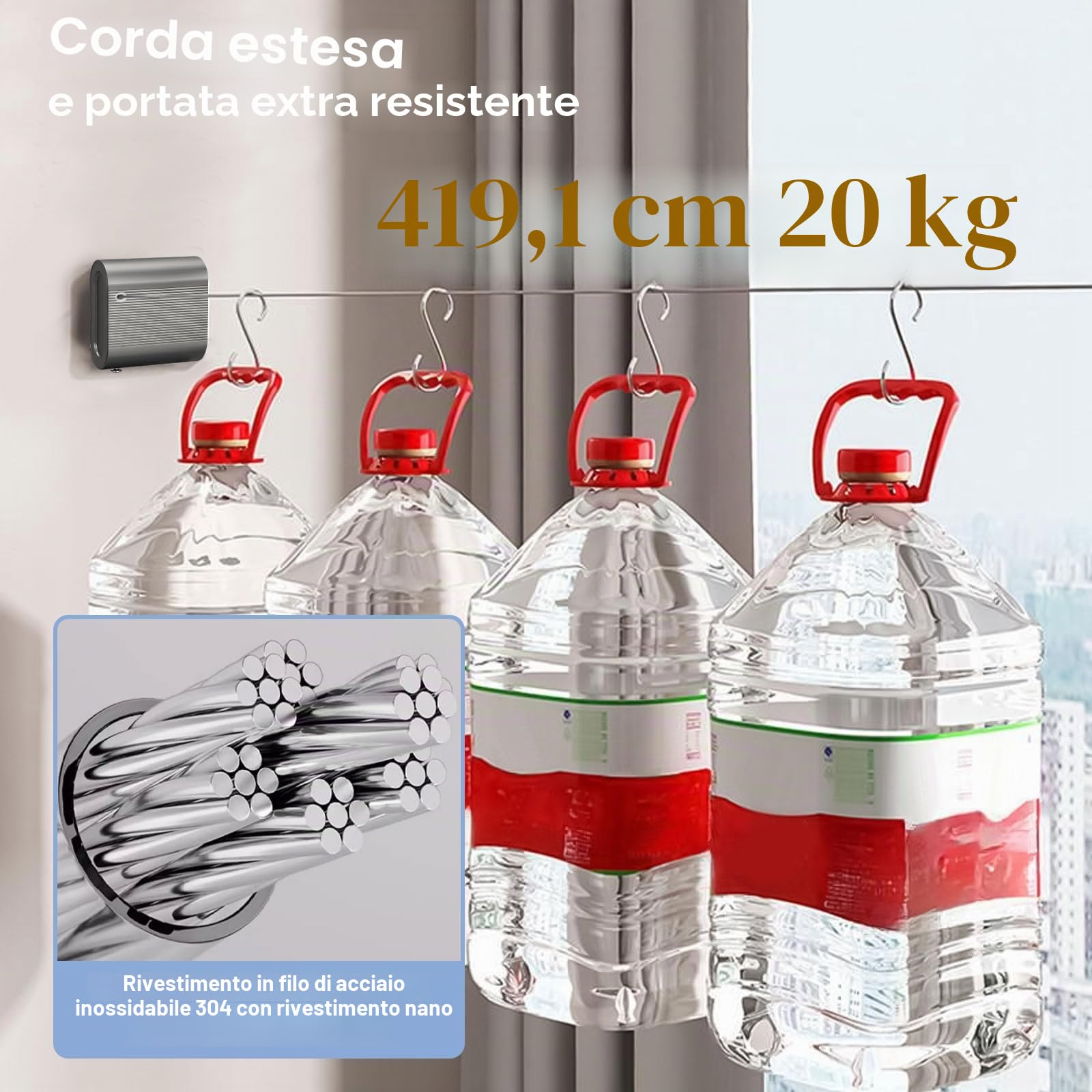Qivine Stendibiancheria Retrattile da Parete 4,2 m, Filo in Acciaio Inox 304, Capacità fino a 20 kg, Corda Estensibile Antiafflosciamento, Doppia Installazione, Salvaspazio per Bagno, Balcone