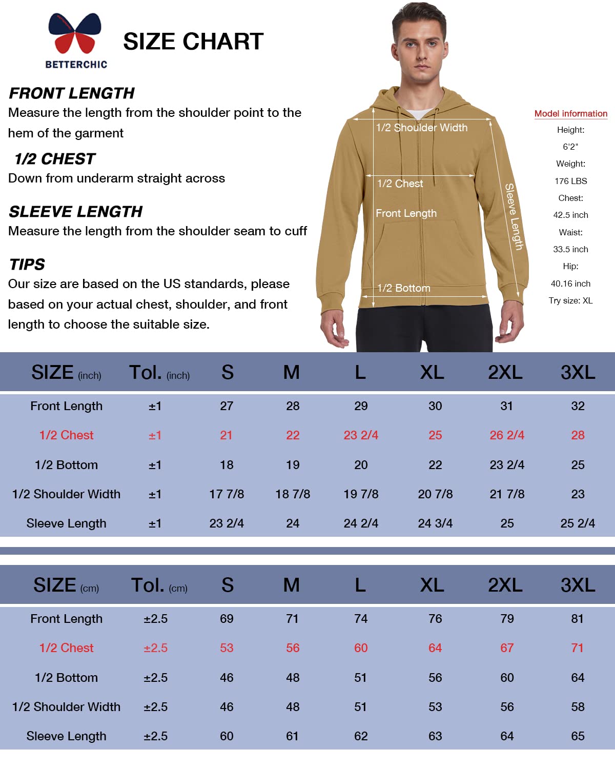BETTERCHIC Męska sportowa bluza z kapturem na całej długości z kapturem kurtka polarowa płaszcz długi rękaw ściągana bluza S-3XL, Khaki, 3XL