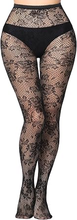 Buauty Fishnet Tights Patterned Fish Net Stockings Floral High Waist Pantyhose Black Lace Thigh High Stocking Party Halloween