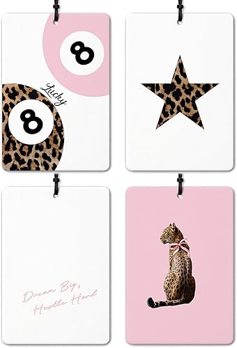 Miniatura 7 de Preppy - Ambientador de coche de leopardo rosa, 4 piezas, moderno retro Lucky 8 Ball Cheetah Ace Card Labios Ambientador colgante para autos, rosado