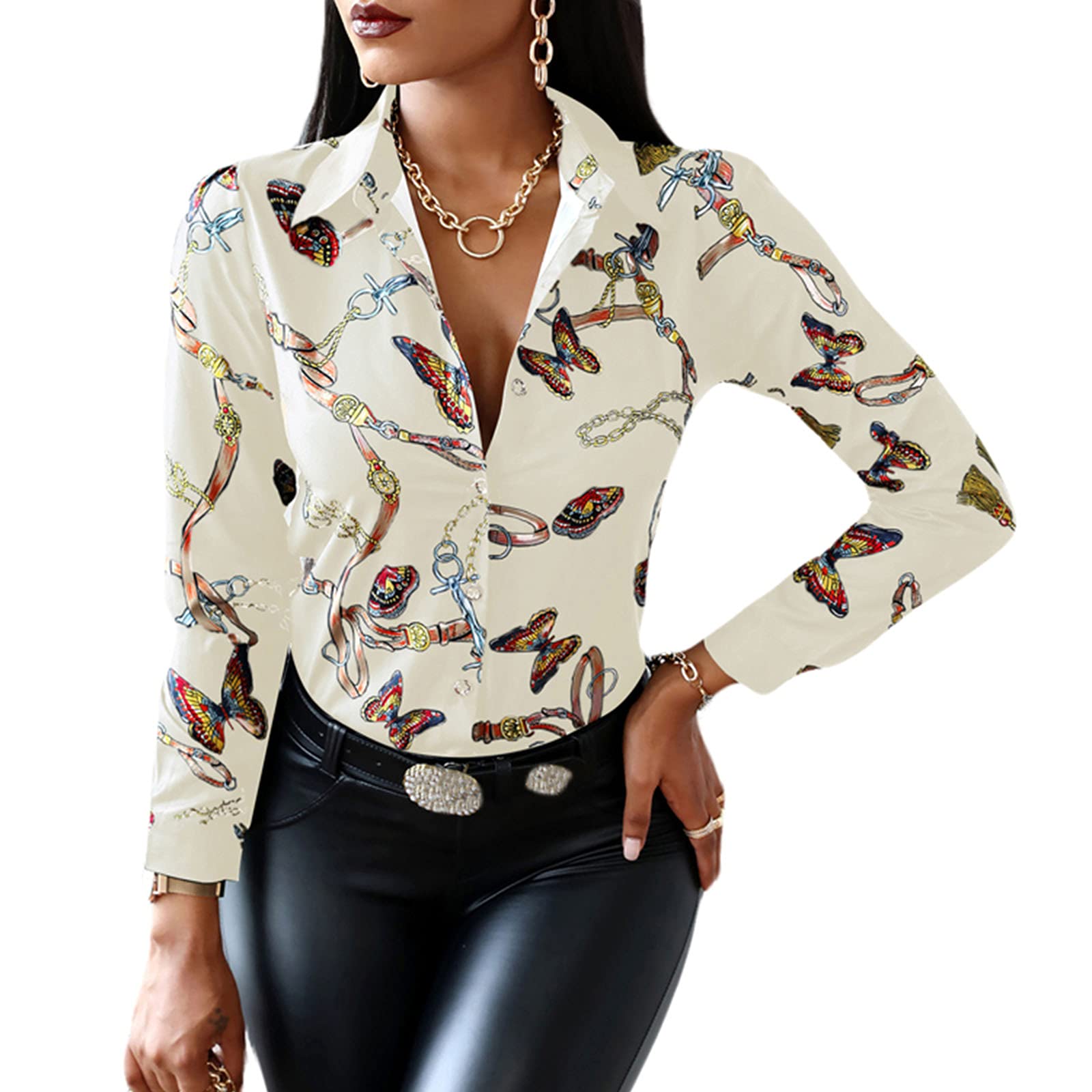 Loalirando Camisa Informal de Mujer Blusa Elegante de Moda con Manga Larga Top Camiseta Abotonada de Cuello en V Shirt Femenino Sexy para Oficina Fiesta Ceremonia