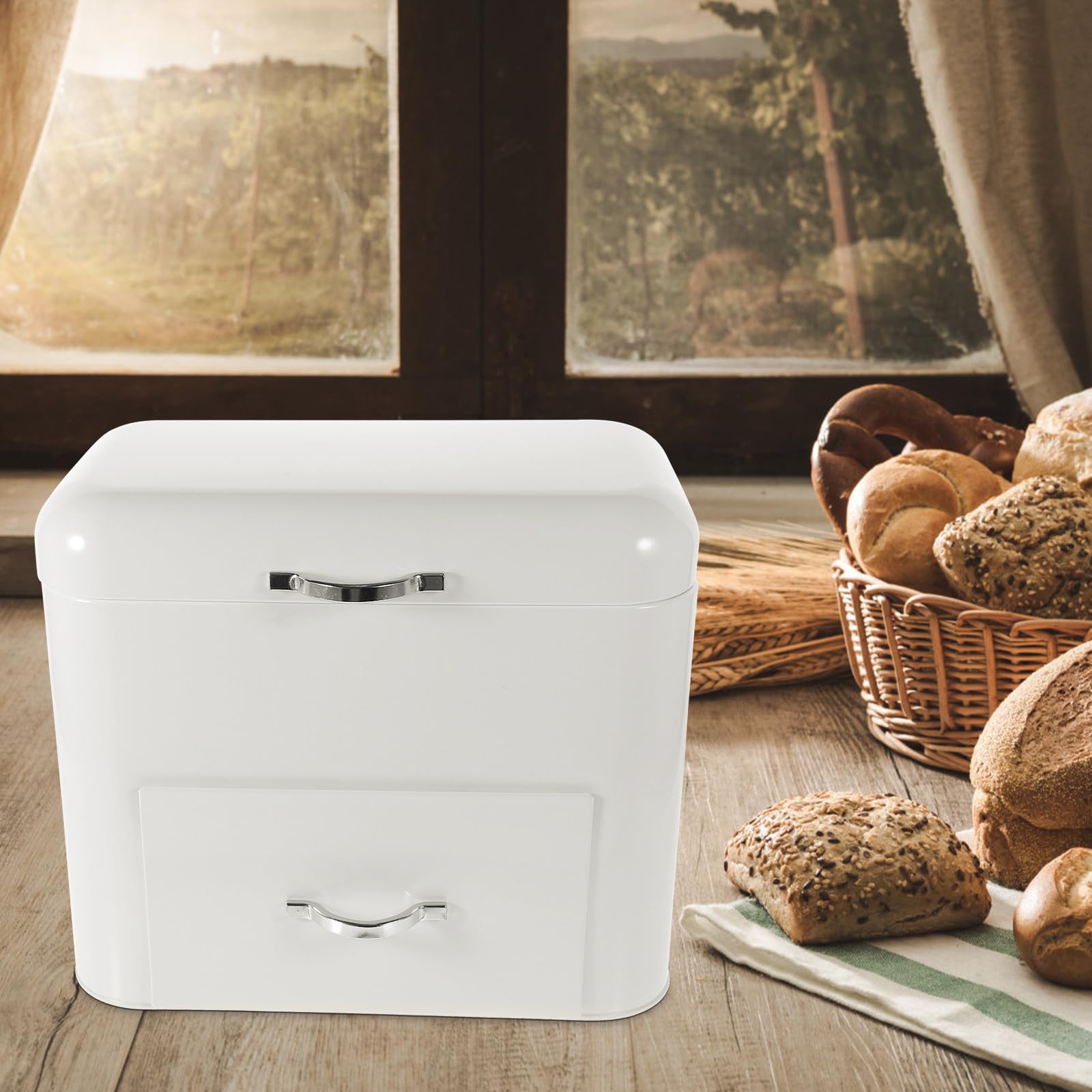 FRCOLOR Caja Espacioso y Resistente para Guardar Pan de Hierro Blanco Gran Capacidad y Diseño Retro Organizador de Alimentos para Cocina y Cafeterías