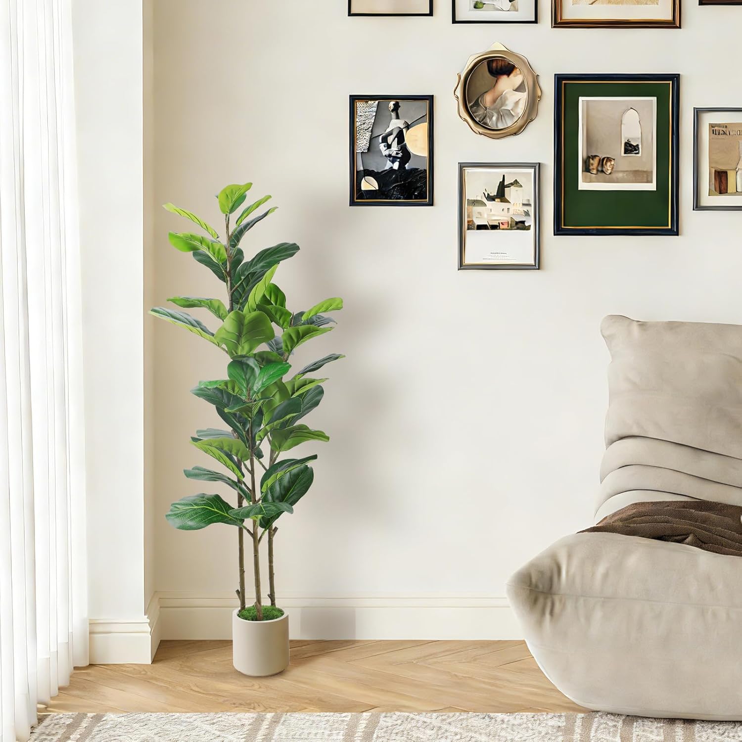Alupssuc 4FT Artificial Fiddle Leaf Fig Tree with White Planter Pot, 4 feet Tall Fake Tree for Home Decor, Faux Ficus Tree Fake Moss for Indoor Outdoor Office Living Room - Image 4