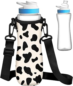 Water Bottle Sleeve for Cirkul 22 oz - Bottles Cover Holder Carrier Bag with Crossbody Shoulder Strap Black White Cow Print