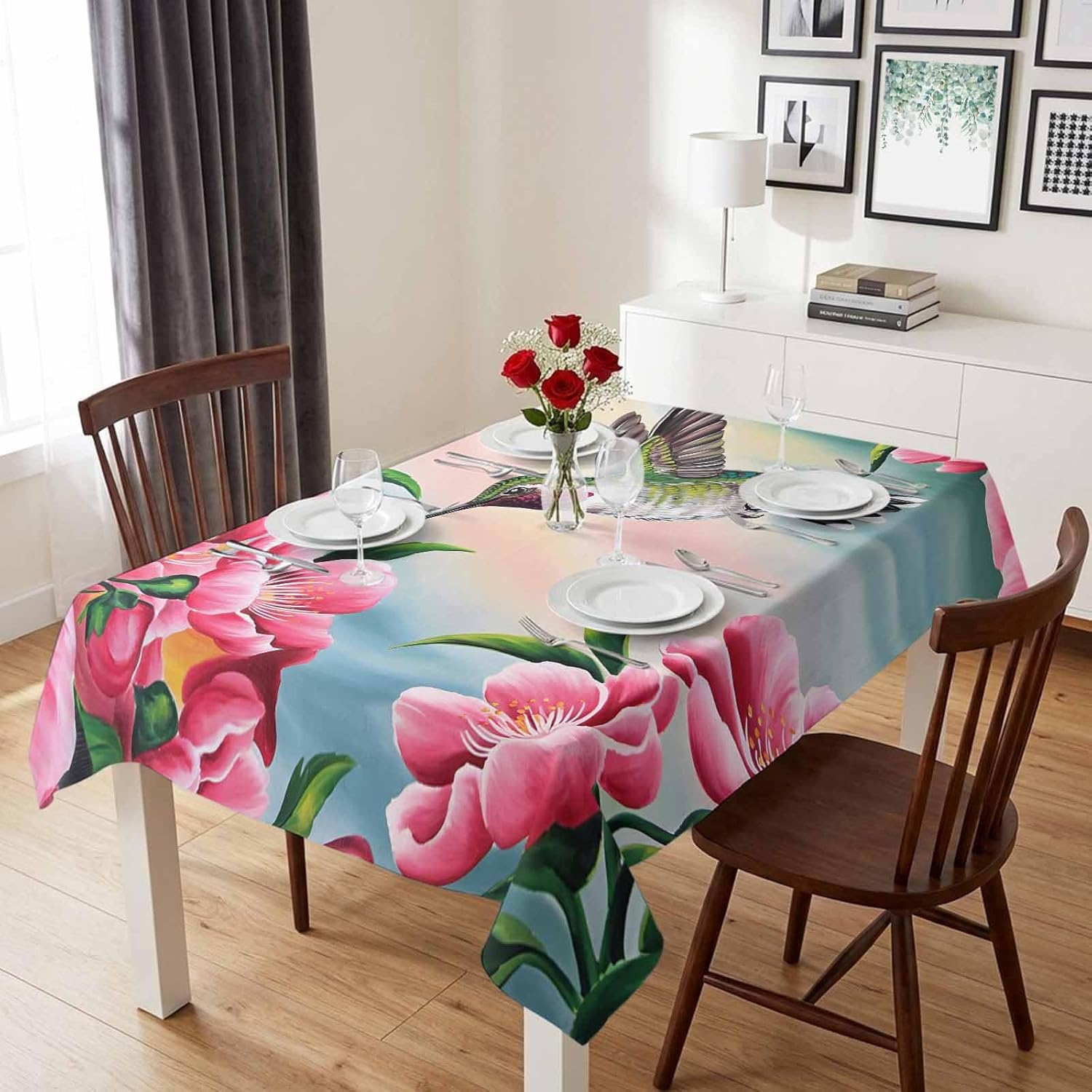 Rectangle Tablecloth,Hummingbird Flower Peach Blossom Waterproof Oil-Proof Table Cloth Kitchen Dining Tables Cover for Indoor Outdoor Wedding Holiday Party Decor,Nature Oil Painting Art