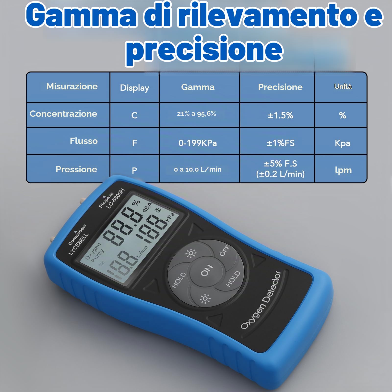 5800H Rilevatore di Ossigeno Portatile ad Ultrasuoni, 3-in-1 Misuratore per Concentrazione, Flusso e Pressione O2 di Generatore Domestico, 0-10 L/min & 0-199kPa, con Allarme Automatico