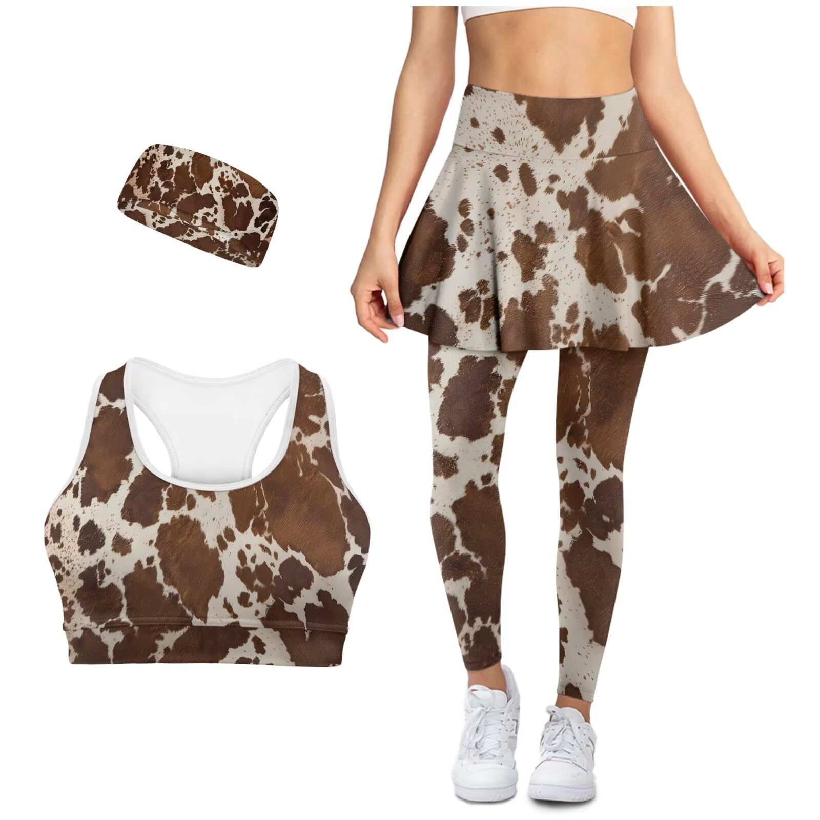 Skirt Leggings for Women Yoga Sets with Pockets Tank Top with Built in Bra Non Slip Running Headband