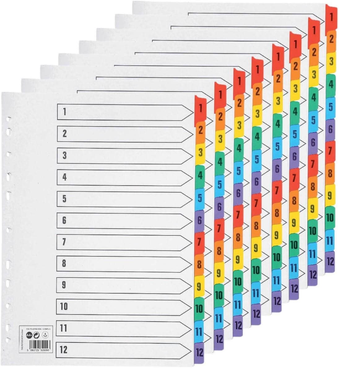 KAHEIGN 10Pcs A4 File Dividers, 1-12 Part Numbered A4 Subject Dividers with 11 Hole Punched Reinforced Colour Tabs for Home Office