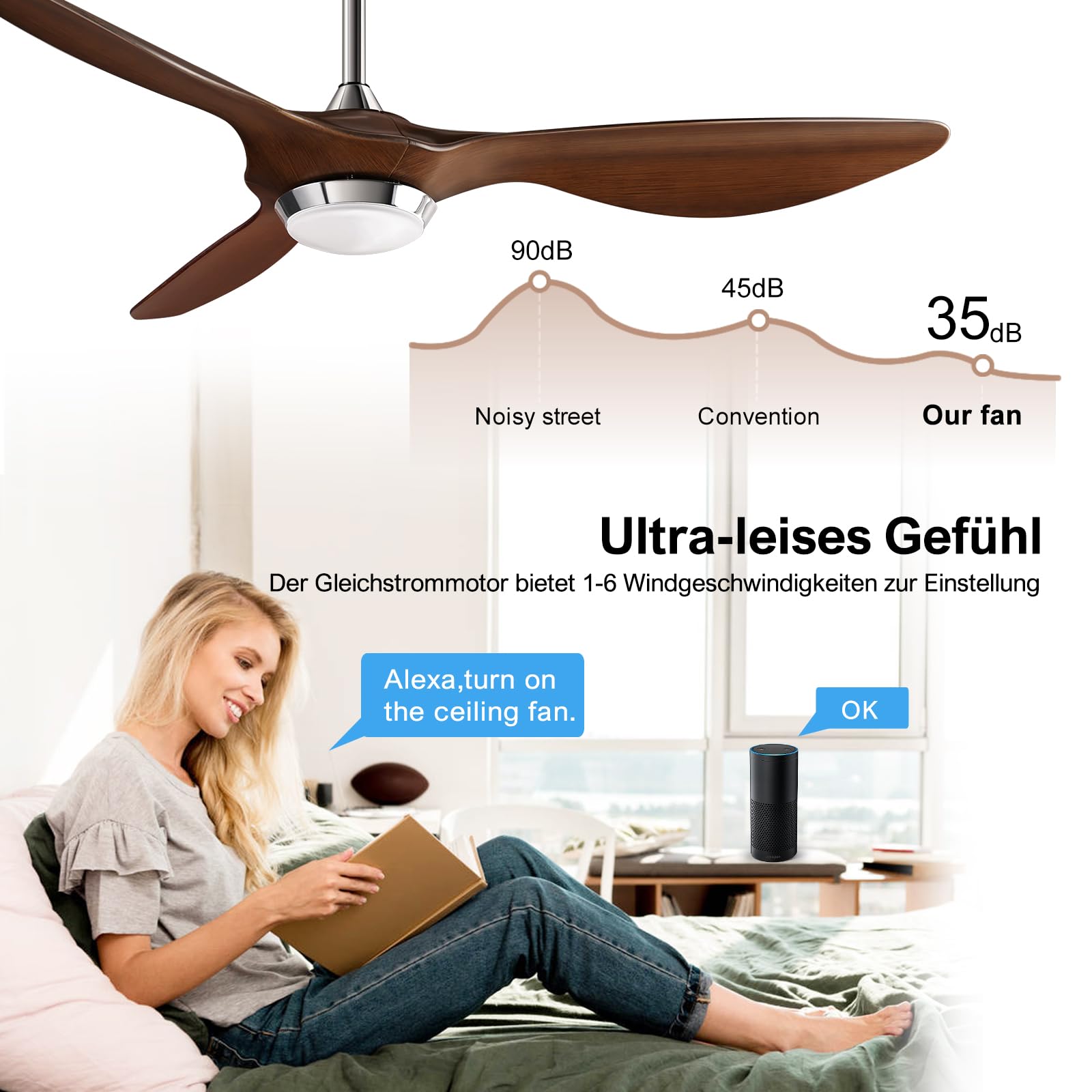 reiga Deckenventilator 132 cm mit LED Licht und Fernbedienung, Leiser Reversibler DC Motor, 6 Geschwindigkeitsstufen, Smart App Steuerung