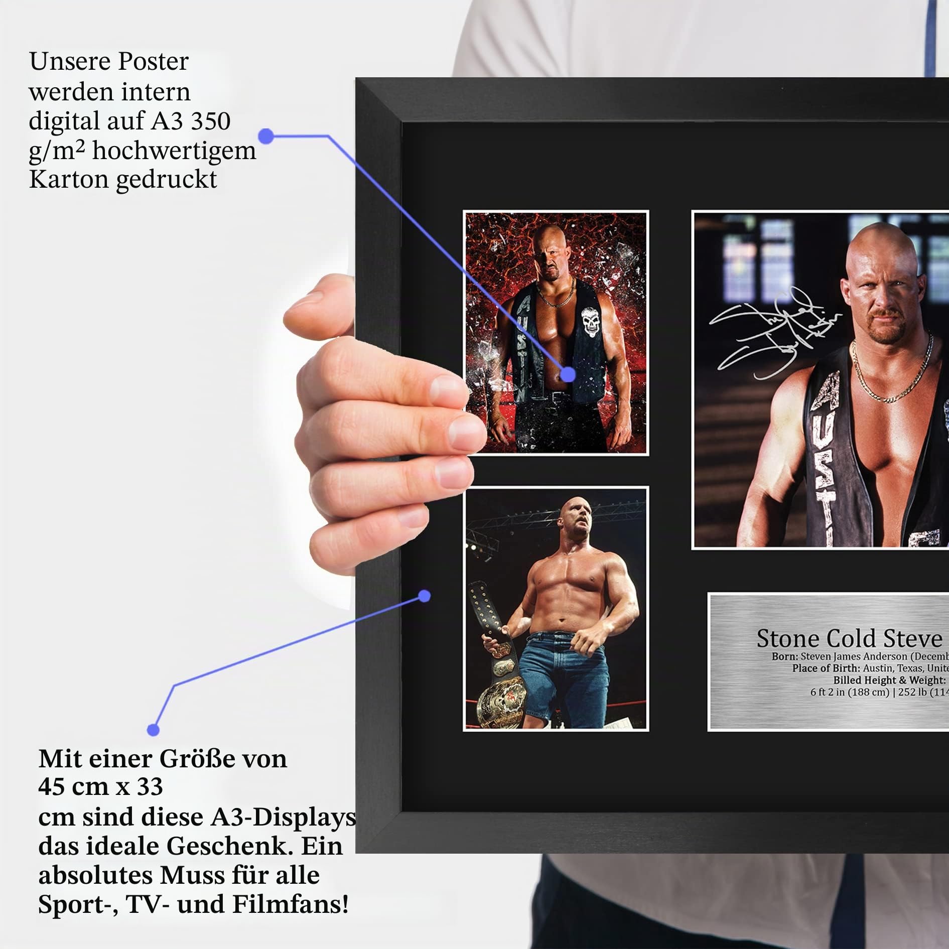 HWC Trading FR A3 Stone Cold Steve Austin Wrestling Geschenke Gedruckt, Signiert Autogramm Bild Für WWE & WWF Erinnerungsstücke-Fans - A3 Framed