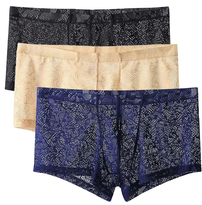 Men's Low Rise Lace Floral Underwear Transparent Bulge Pouch Underpants Sexy Ice Silk Boxer Briefs Sheer Panties