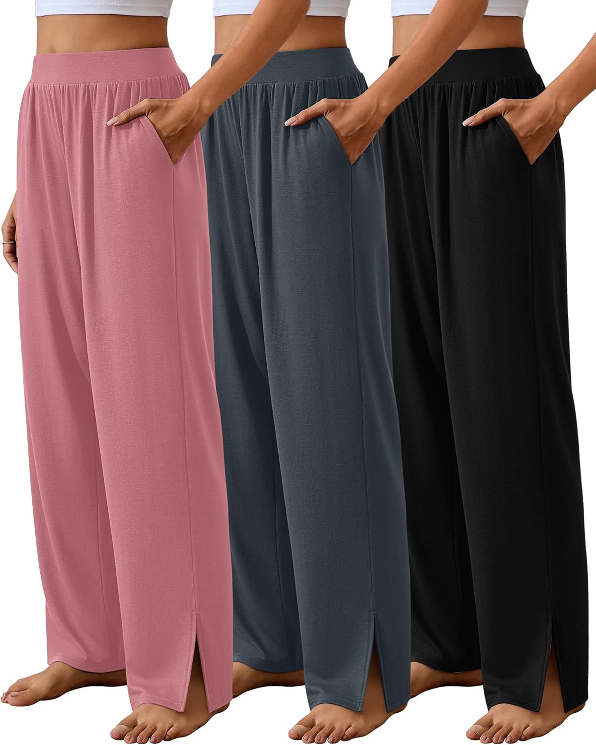 Neer 3 Pcs Women's Lounge Pants Side Slit High Waisted Joggers Wide Leg Yoga Sweatpants with Pocket Loose Cozy Pant
