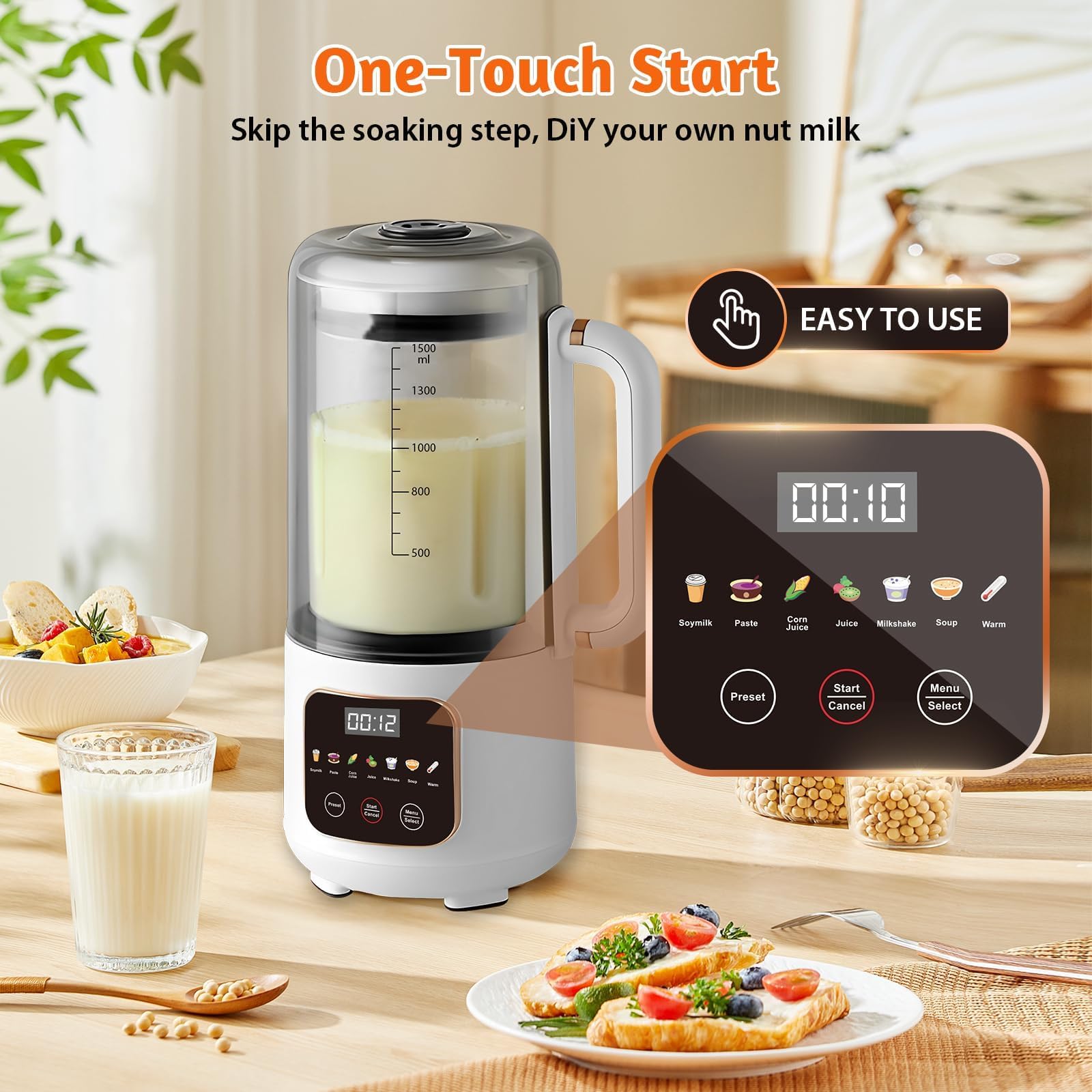 1.5L Sojamilch Maker Maschine, 7 in 1 Automatischer Nussmilchbereiter mit schalldichter Abdeckung, isoliertes Design, 16 Klingen für Sojamilch, Brei, Saft, 220V 50Hz
