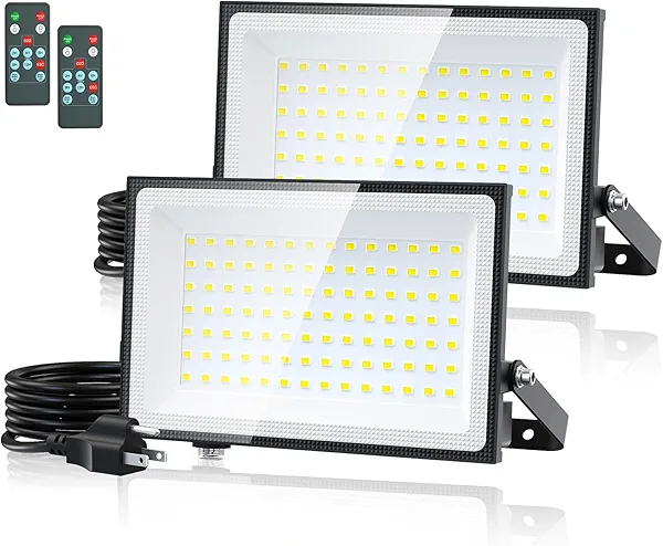 Onforu 100W Dusk to Dawn LED Outdoor Flood Light with Timer, Adjustable Brightness up to 9000lm, IP66 Waterproof Security Light with Plug, Garage Light with Remote for Yard 2 Pack