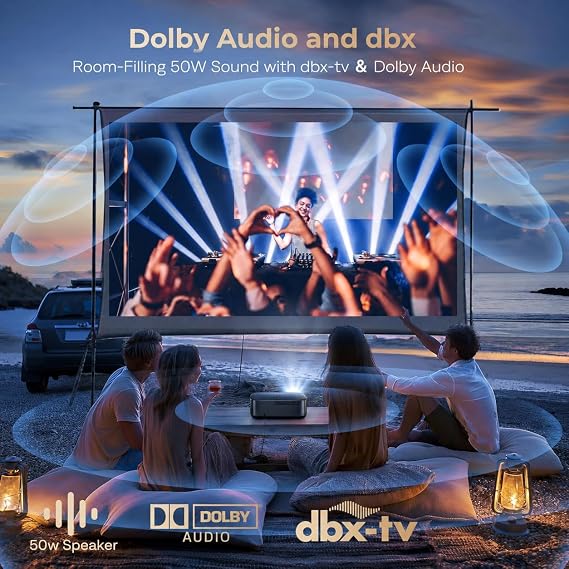[2500 ANS & 50W] Alvar Outdoor Projector 4K Support with WiFi 6 and Bluetooth, dbx-tv Sound, Built in NetfIix App & DoIby Audio Proyector, Auto Focus & Keystone Smart for Soccer Match