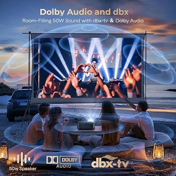 [2500 ANS & 50W] Alvar Outdoor Projector 4K Support with WiFi 6 and Bluetooth, dbx-tv Sound, Built in NetfIix App & DoIby Audio Proyector, Auto Focus & Keystone Smart for Soccer Match