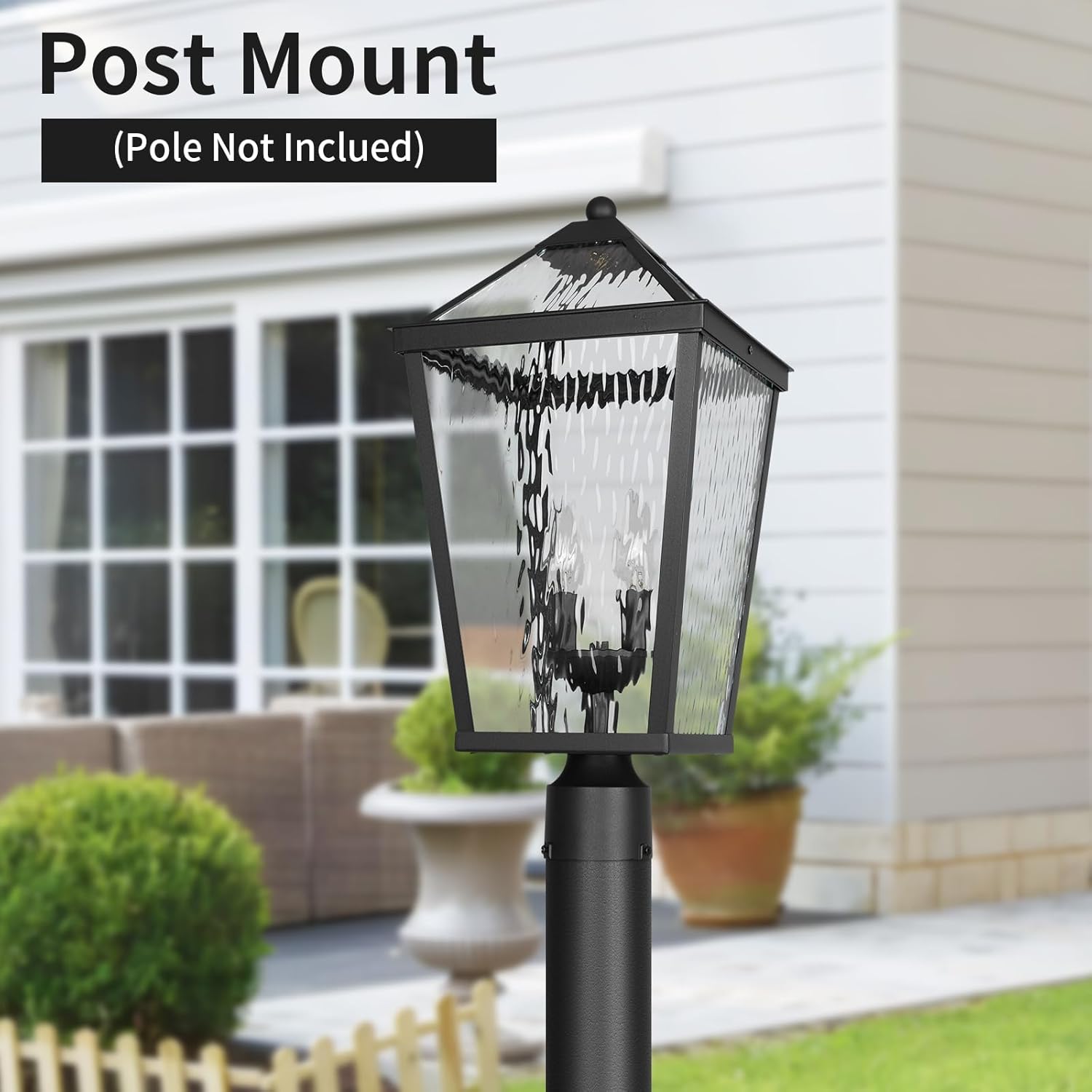 Treekee Outdoor Post Light Fixture, Modern Black Pole Lantern with Water Ripple Glass & E12 Sockets, Exterior Post Cap Lamp for Garden, Pathway, Courtyard, Patio, Porch, Driveway, Street