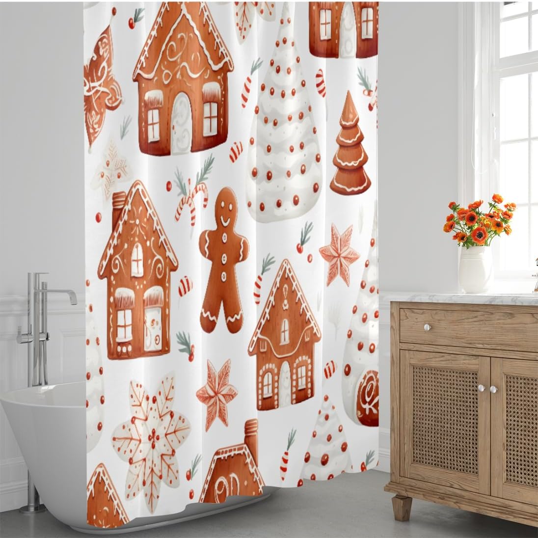 Shower Curtain with Hooks, Christmas Gingerbread Man Candy Cane Waterproof Polyester Fabric Shower Curtains 66" x 72" Machine Washable for Bathroom Bathtubs Decor Home
