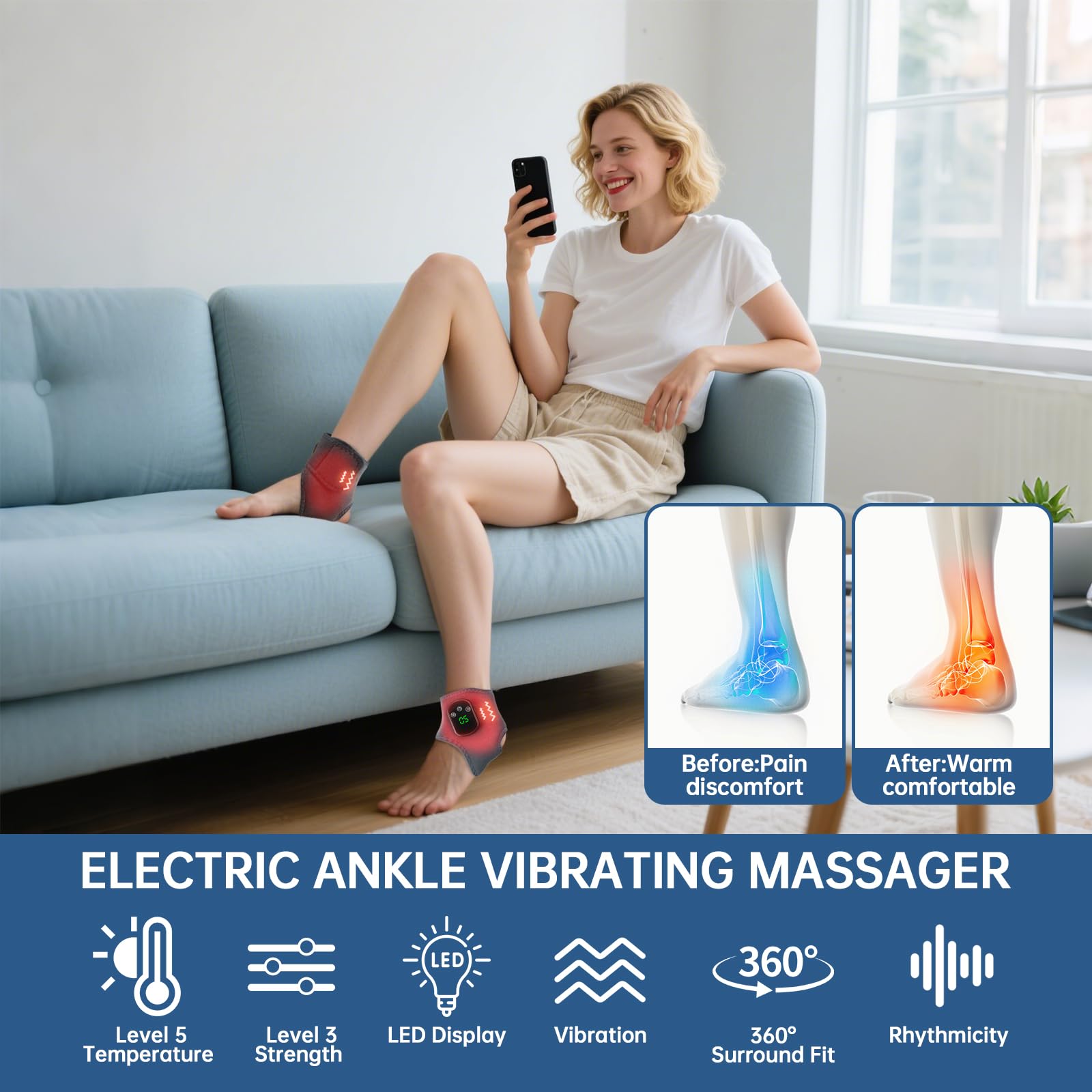 Massage Pieds, 2PC Appareil de Masseur 3 en 1 Masseur Pied Électrique Chauffant,Masseur de Cheville avec 3 Modes de Vibration et 5 Niveaux de Chauffageé, Soulagement Douleurs et Relaxation