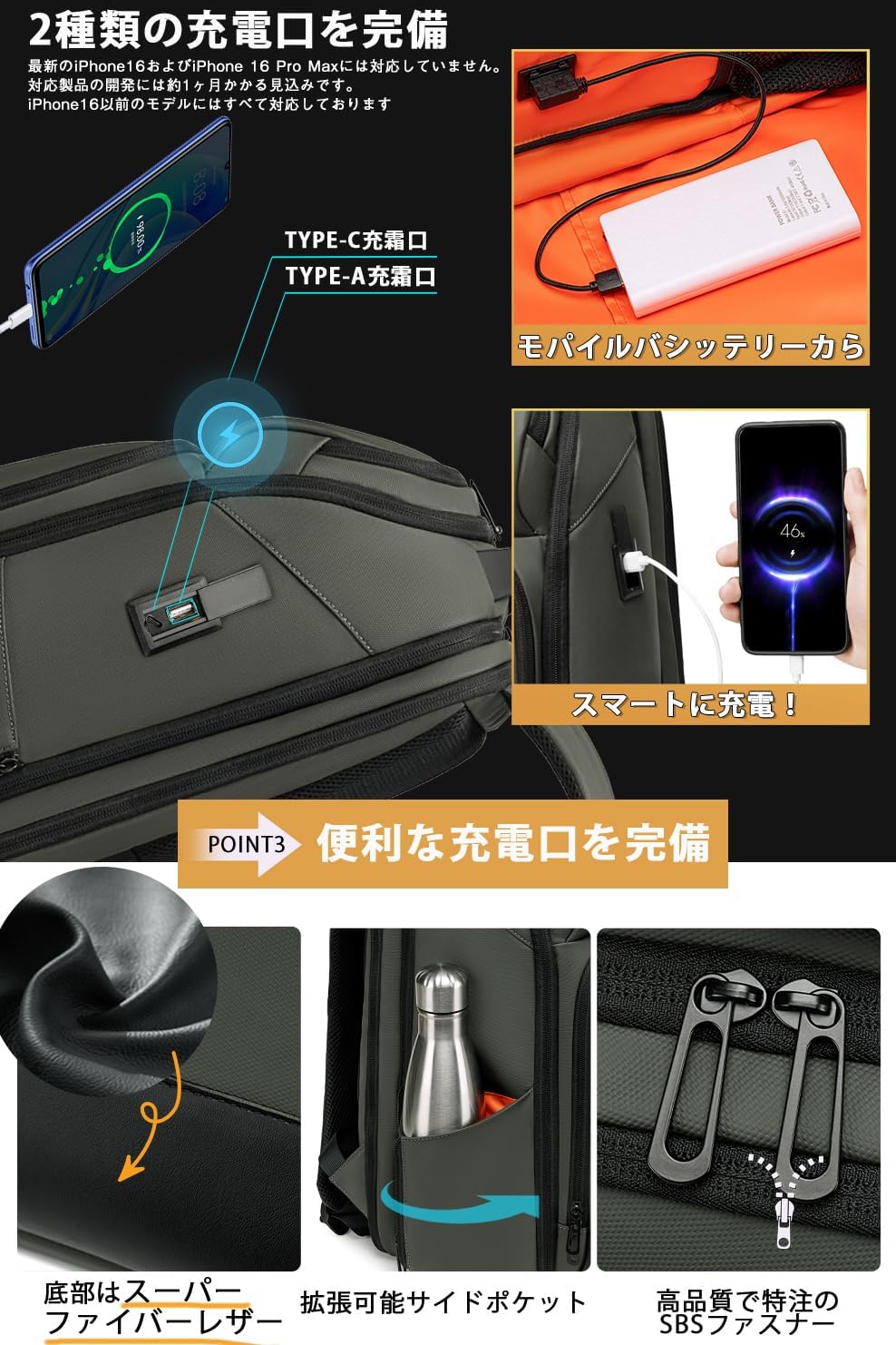 [FENRUIEN] リュック メンズ ビジネスリュック リュックサック 大容量 PCラップトップバック 防水 17インチ ビジネスバッグ マチ拡張 USB充電ポート 黒 型崩れ防止 通学 通勤 出張