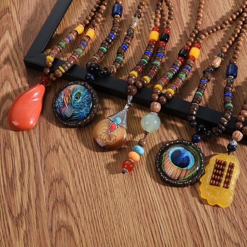 Collier Hippie Argent 925 Anti-Allergie avec Perles en Bois Style Boho