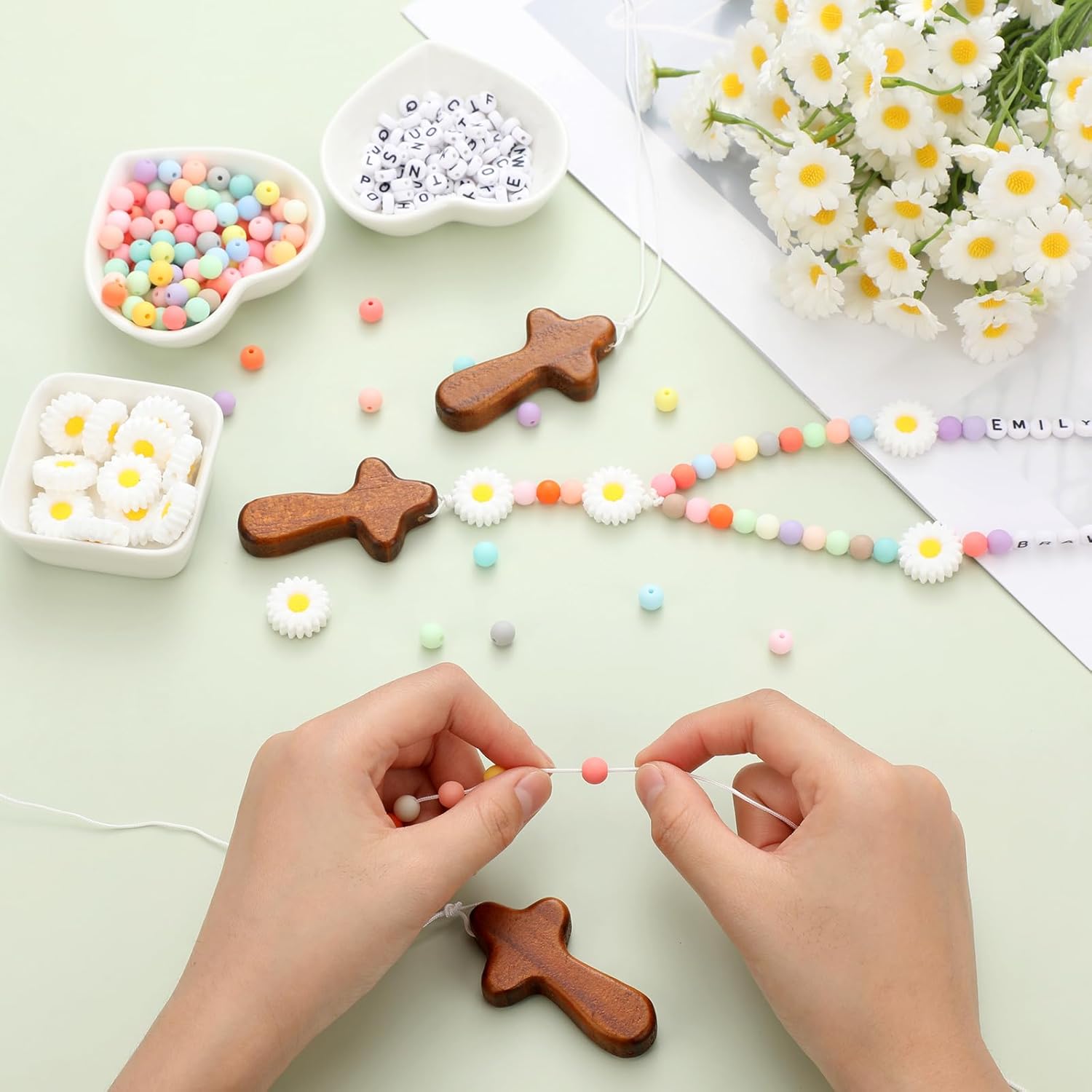 Liliaafar 436 Pcs Rosary Jewelry Making Kit DIY Catholic Rosary Prayer Making Supplies with Cross, Daisy Beads and Alphabet Beads First Communion Necklace Set for Easter Party Baptism Gift - Image 3