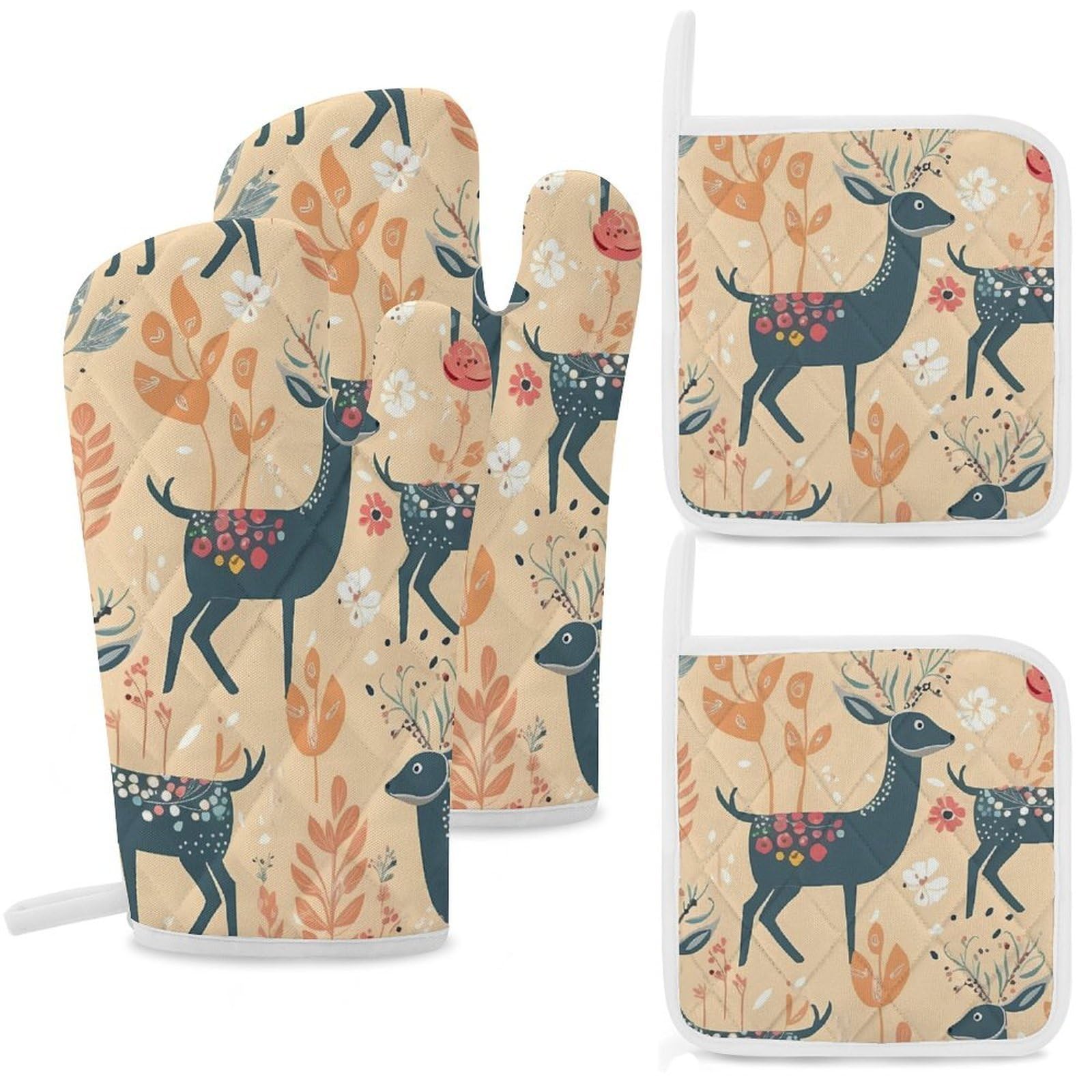 Oven Mitts and Pot Holders Set of 4 Heat Resistant Non-Slip Kitchen Gloves Hot Pads Deer Pattern Mittens Gloves Non-Slip Potholders for Cooking Baking Grilling BBQ