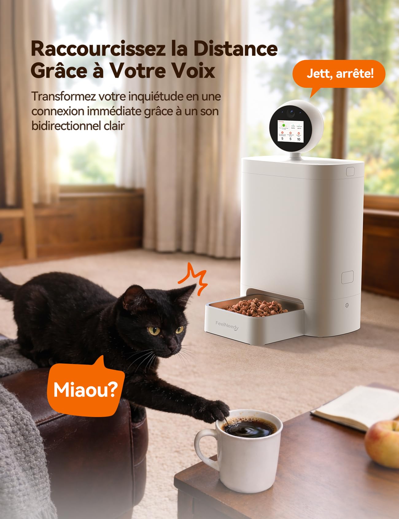 FEELNEEDY 5.5L Distributeur Croquettes Chat Automatique avec HD 3MP 360°Caméra, Wi-FI 2.4G/5G IA Distributeur Croquettes Chien avec Vision Nocturne, Audio Bidirectionnel, Écran IPS & APP Contrôle
