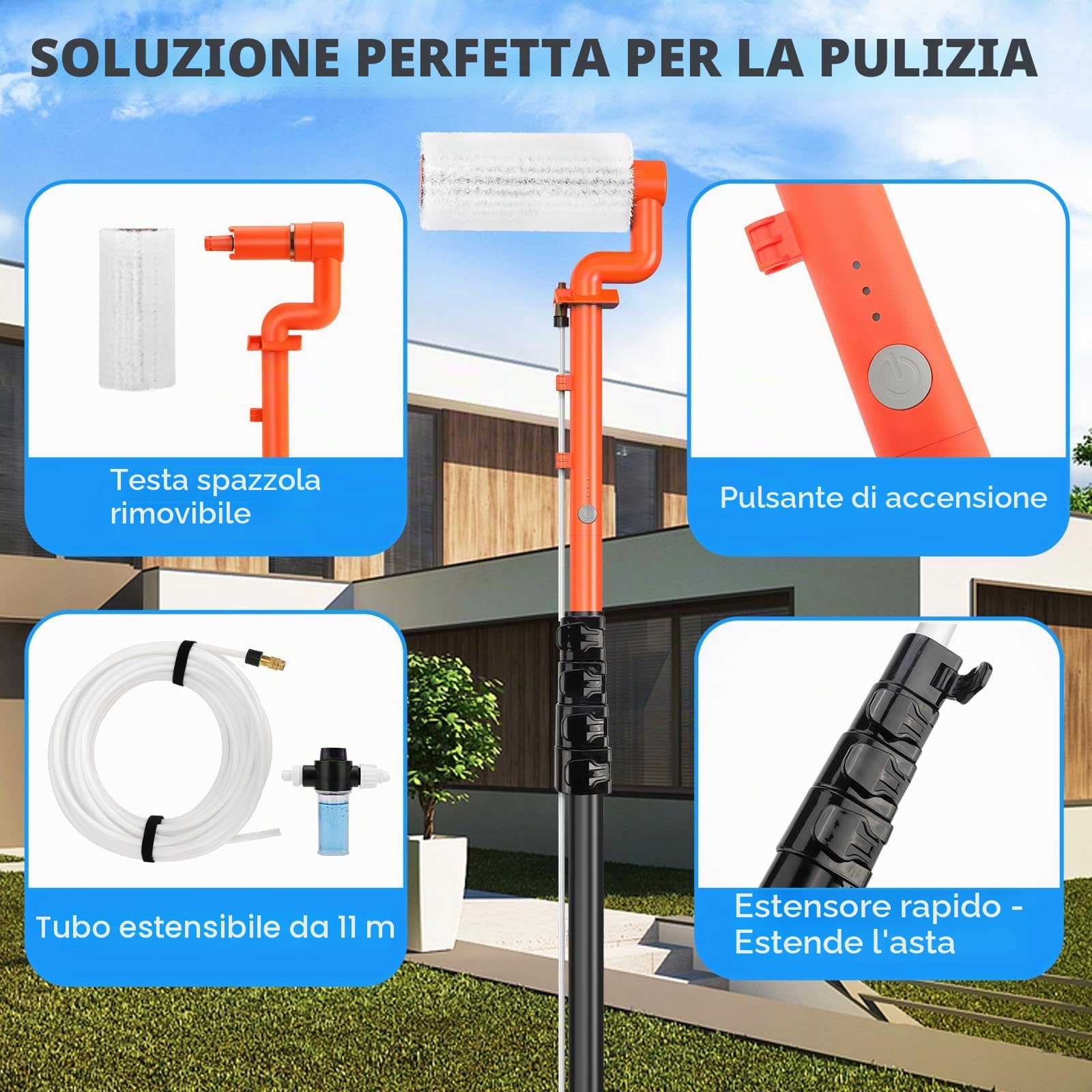 Kit di pulizia per pannelli solari elettrici da 6,2 m, palo estensibile per la pulizia delle finestre, palo telescopico a 5 fasi, spazzola per la pulizia delle finestre a 2 velocità per tetti di