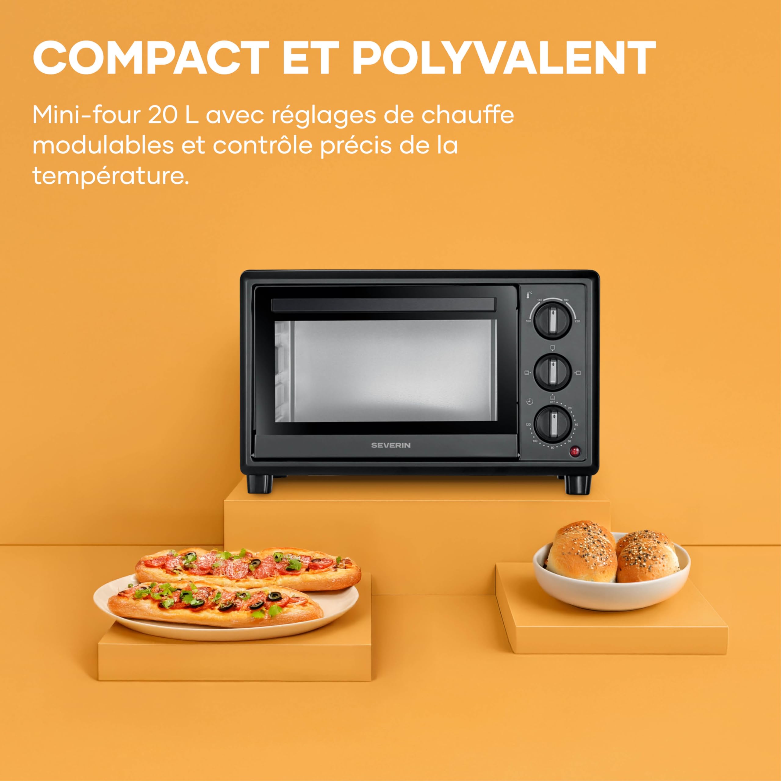 SEVERIN Four posable 20 L, avec grille et plaque de cuisson incluses,1 600 W, thermostat jusqu'à 230 °C, design simple et élégant, Mini-four électrique avec minuteur 120 min, Noir, TO 2078