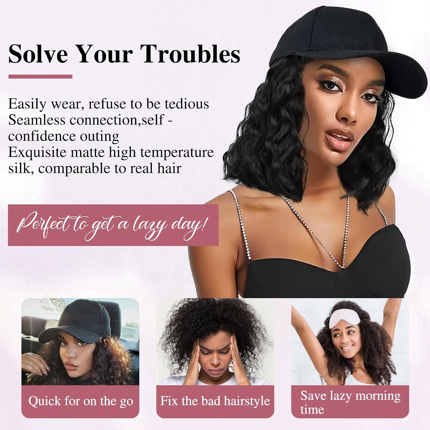 HANYUDIE Hat Wig for Women Wig Cap with Curly Hair Extensions Hat with Hair Wave Adjustable Baseball Cap Wigs