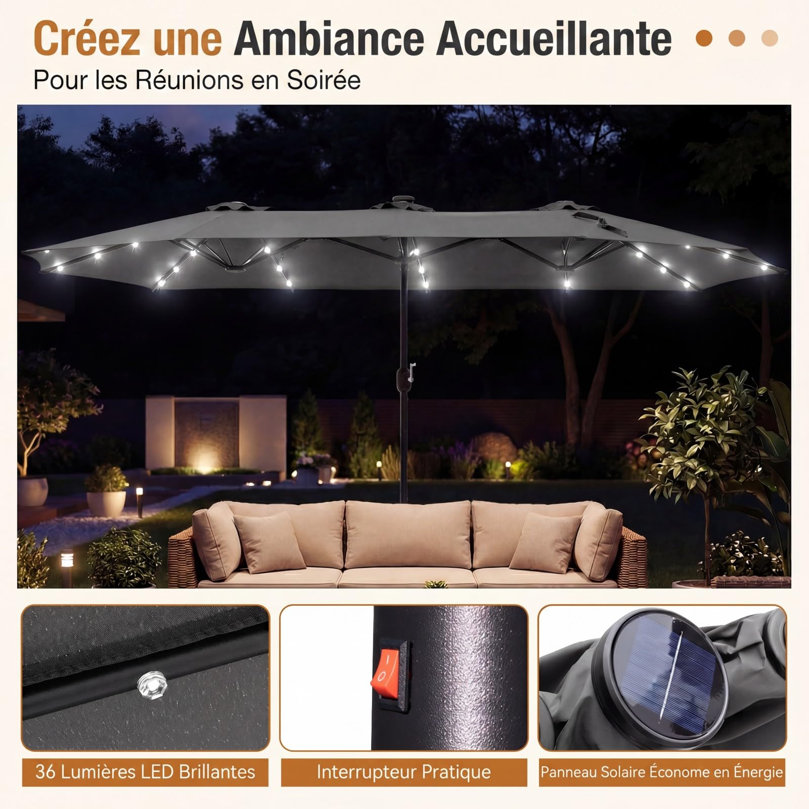 RELAX4LIFE Grand Parasol de Jardin Exterieur LED avec Pied, 4x2M Parasol Double Éclairé pour Terrasse/Piscine/Marché, 12 Baleines Renforcées, Manivelle, Protection Solaire pour 6-8 Personnes (Gris)