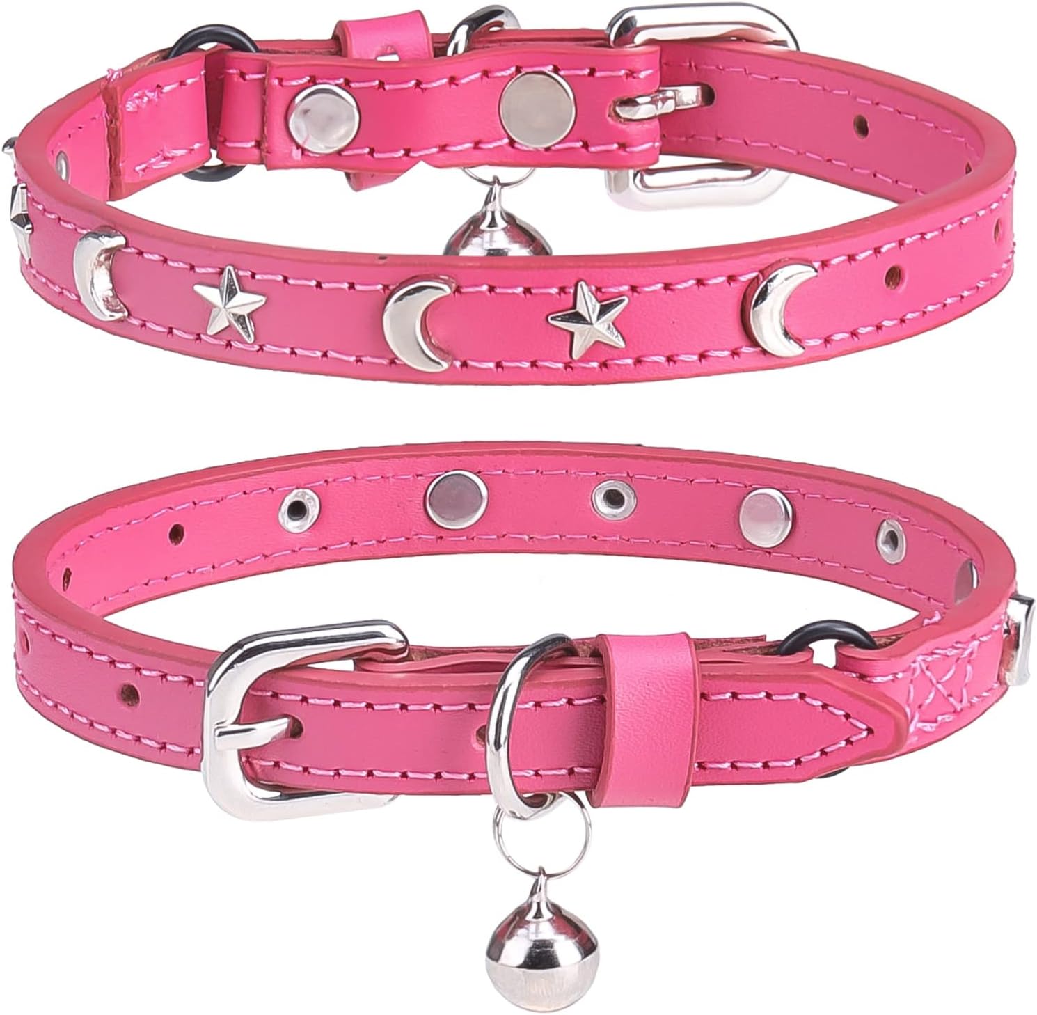 DILLYBUDLeather Cat Collars with Bell and Safety Elastic Belt, Personalized Star and Moon Stud Adjustable Safe Buckle Collar for Kitty Small Big Cats Size 8-12 Inch, Rose