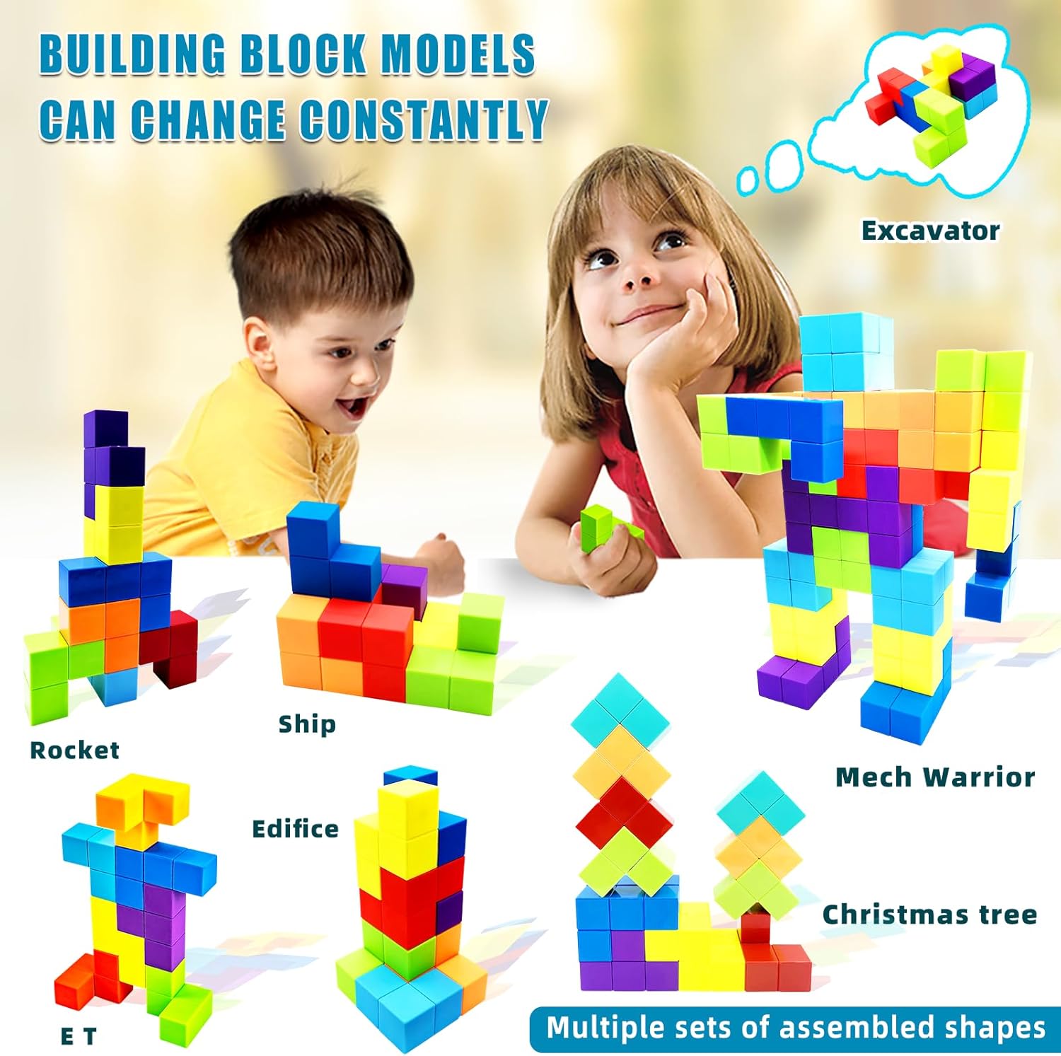 Magnetic Building Blocks Magic Magnetic 3D Puzzle Cubes, Set of 7 Multi Shapes Magnetic Blocks with 54 Guide Cards