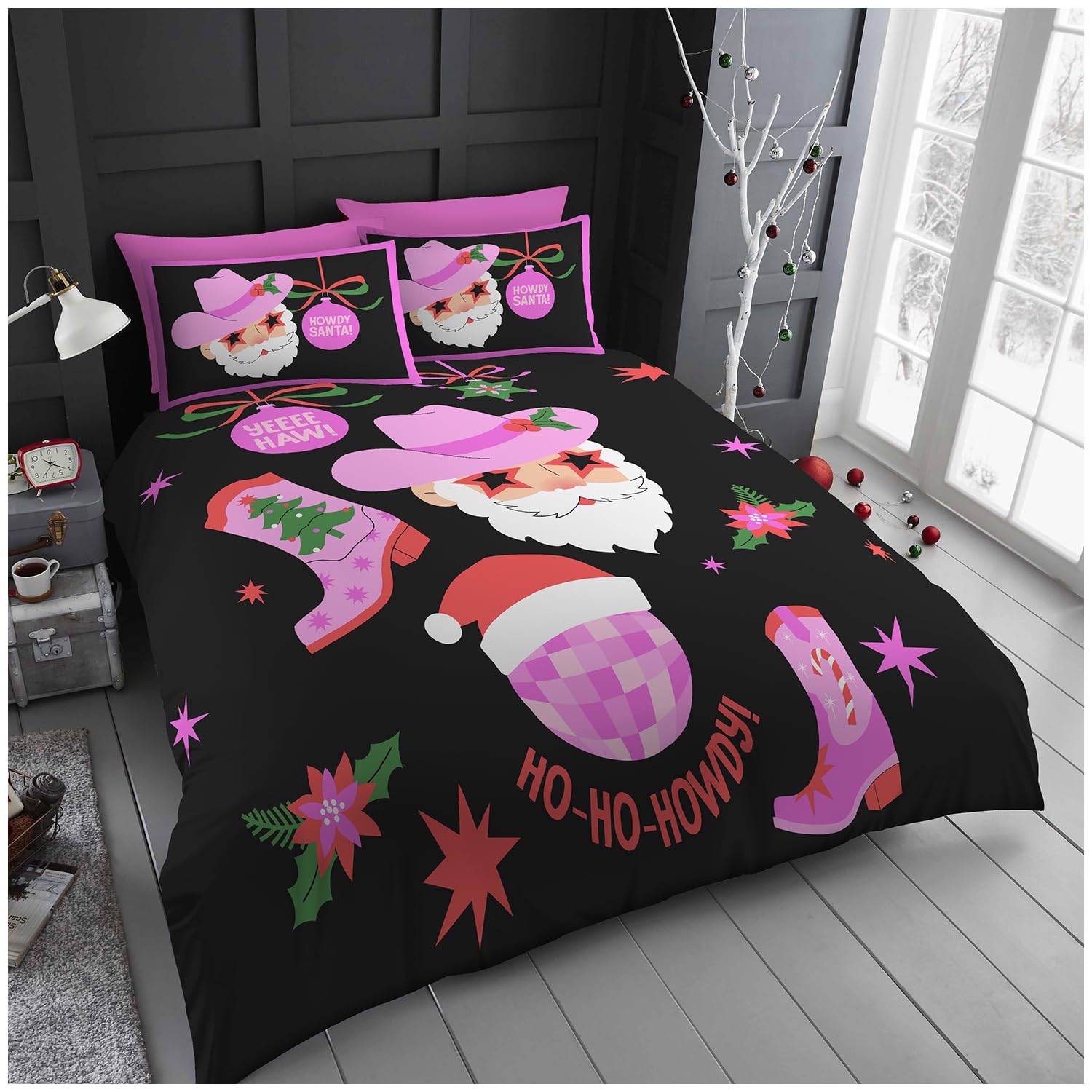 GC GAVENO CAVAILIA Christmas Duvet Cover King Size - Polyester Ho Ho Howdy Bedding(230x220 cm) - Breathable Soft Quilt Cover King bed with Pillowcases - Winter KingSize Bedding Bed Cover -Xmas Gift